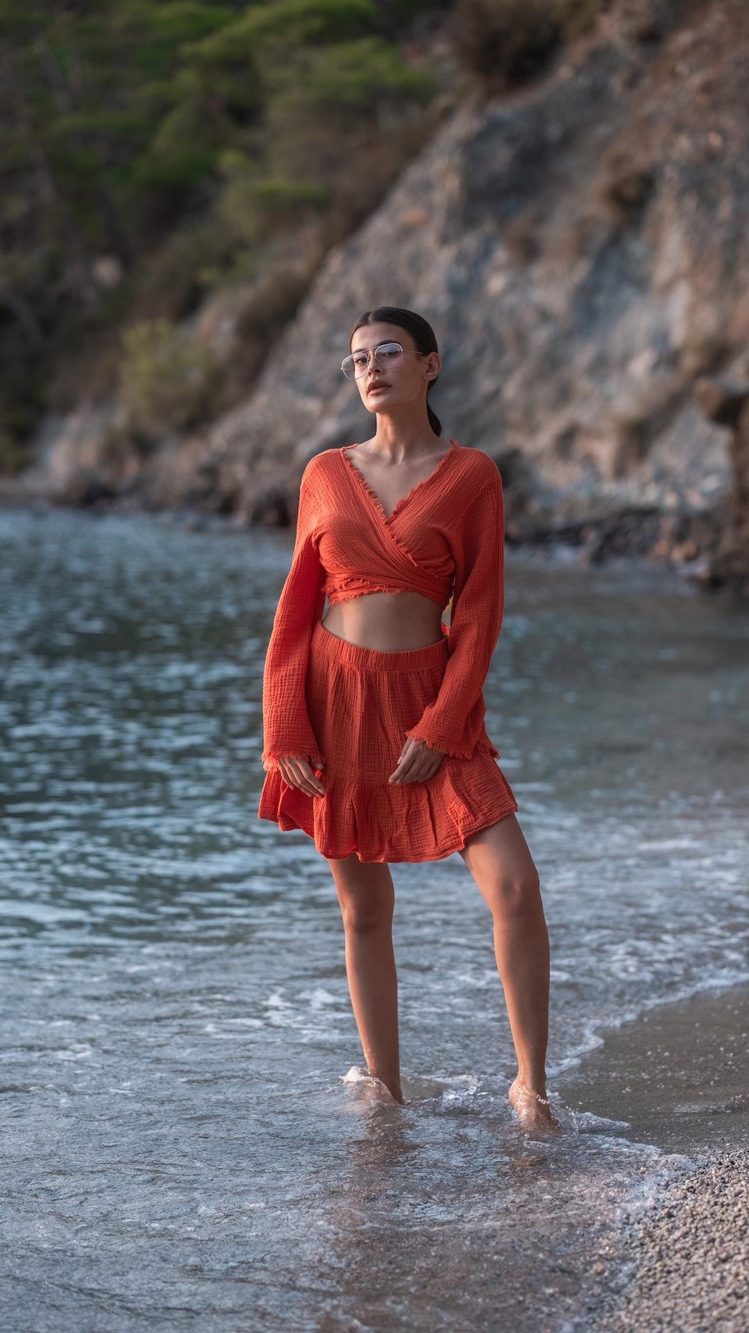 Turuncu Renk Müslin Crop