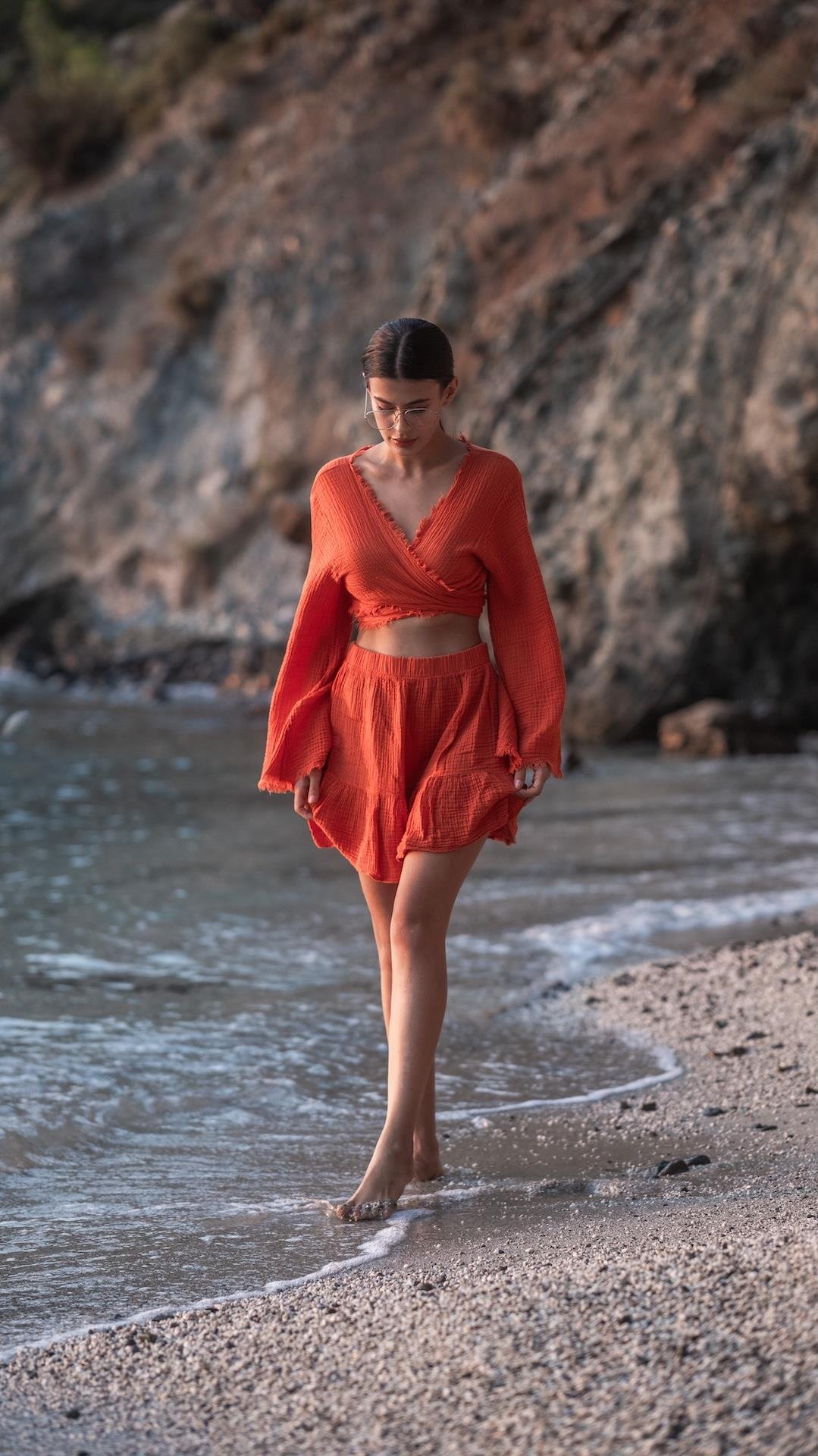 Turuncu Renk Müslin Crop