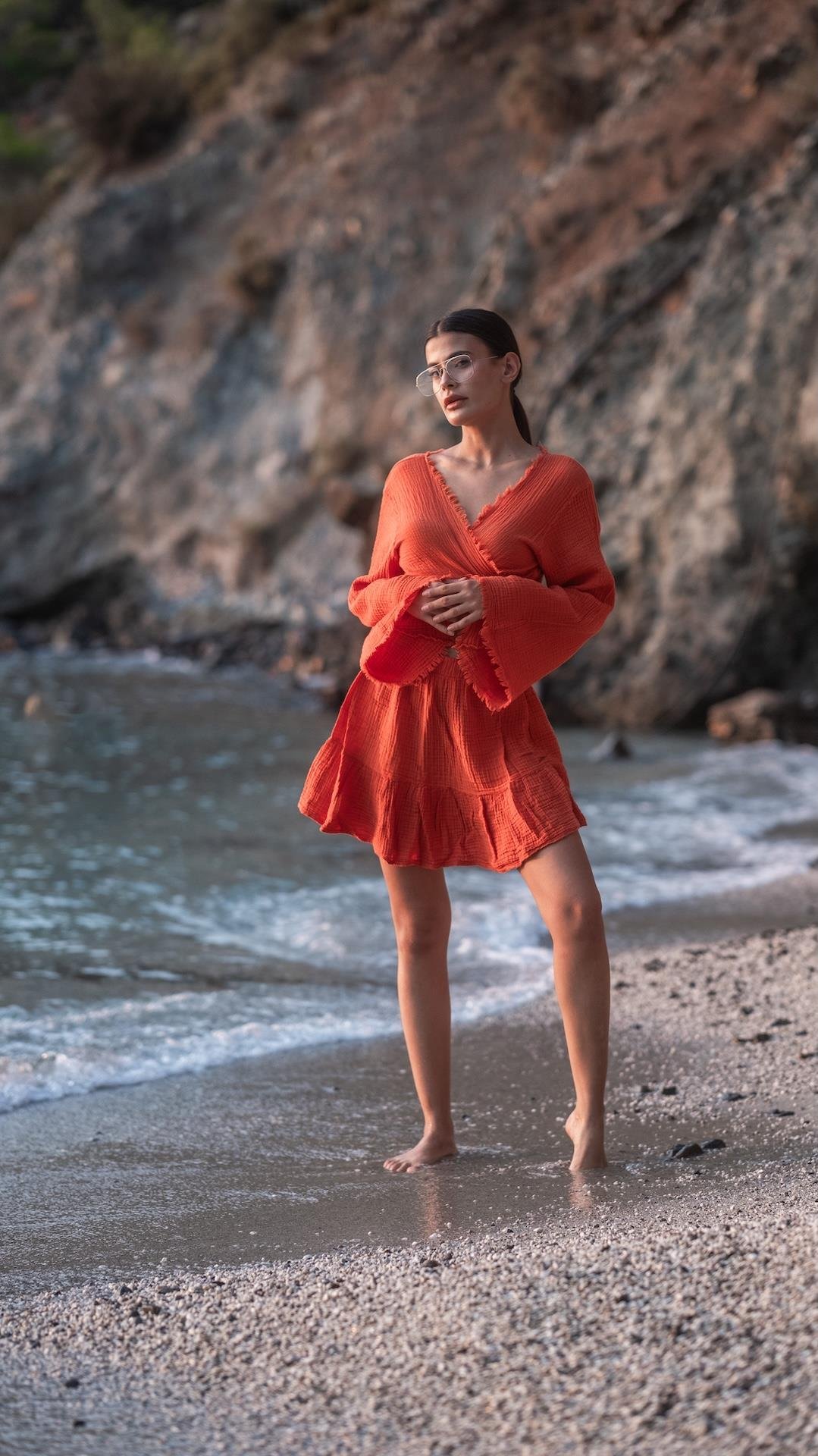 Turuncu Renk Müslin Crop