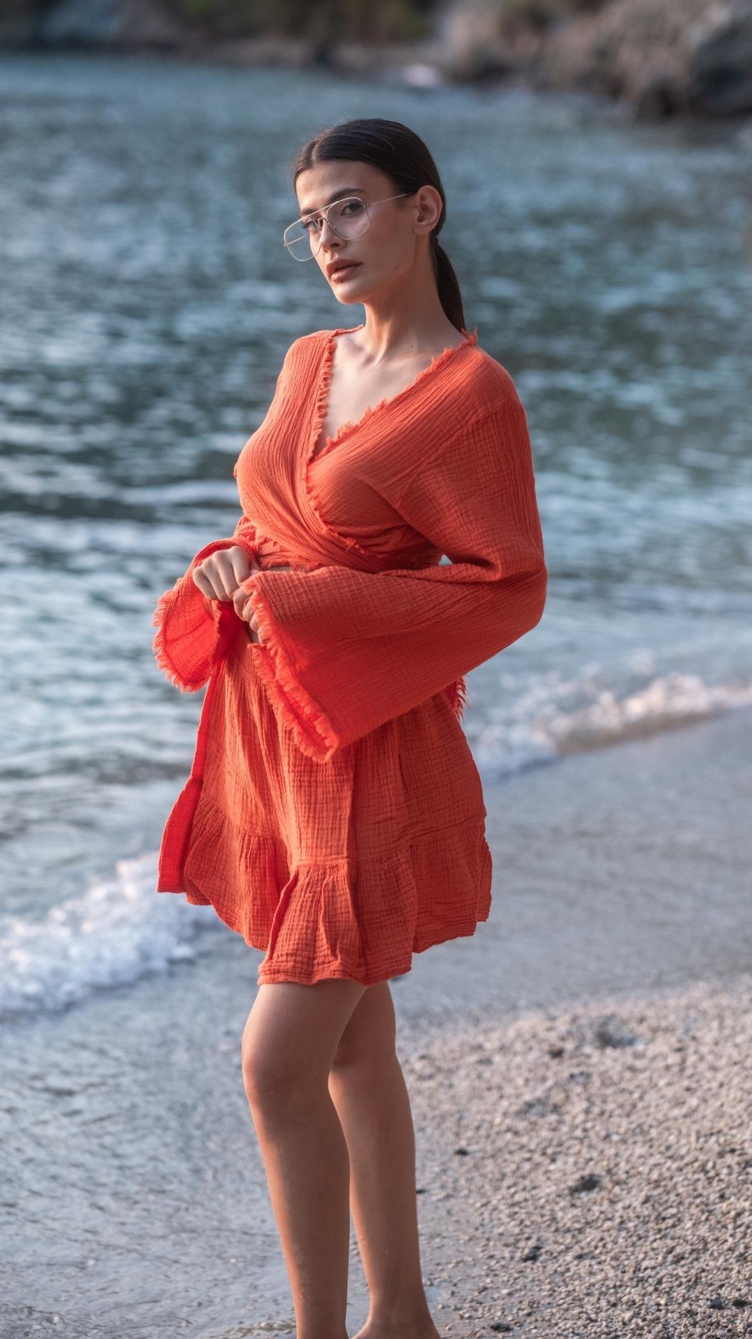 Turuncu Renk Müslin Crop