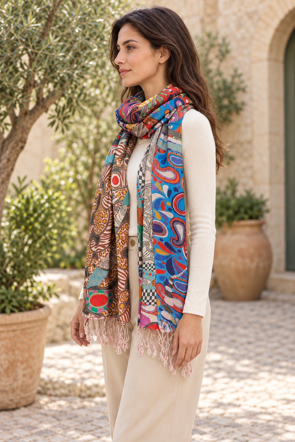 Turuncu Renk Şal Motifli Geometrik Patchwork Desenli Etnik Şal - yandan görünüm
