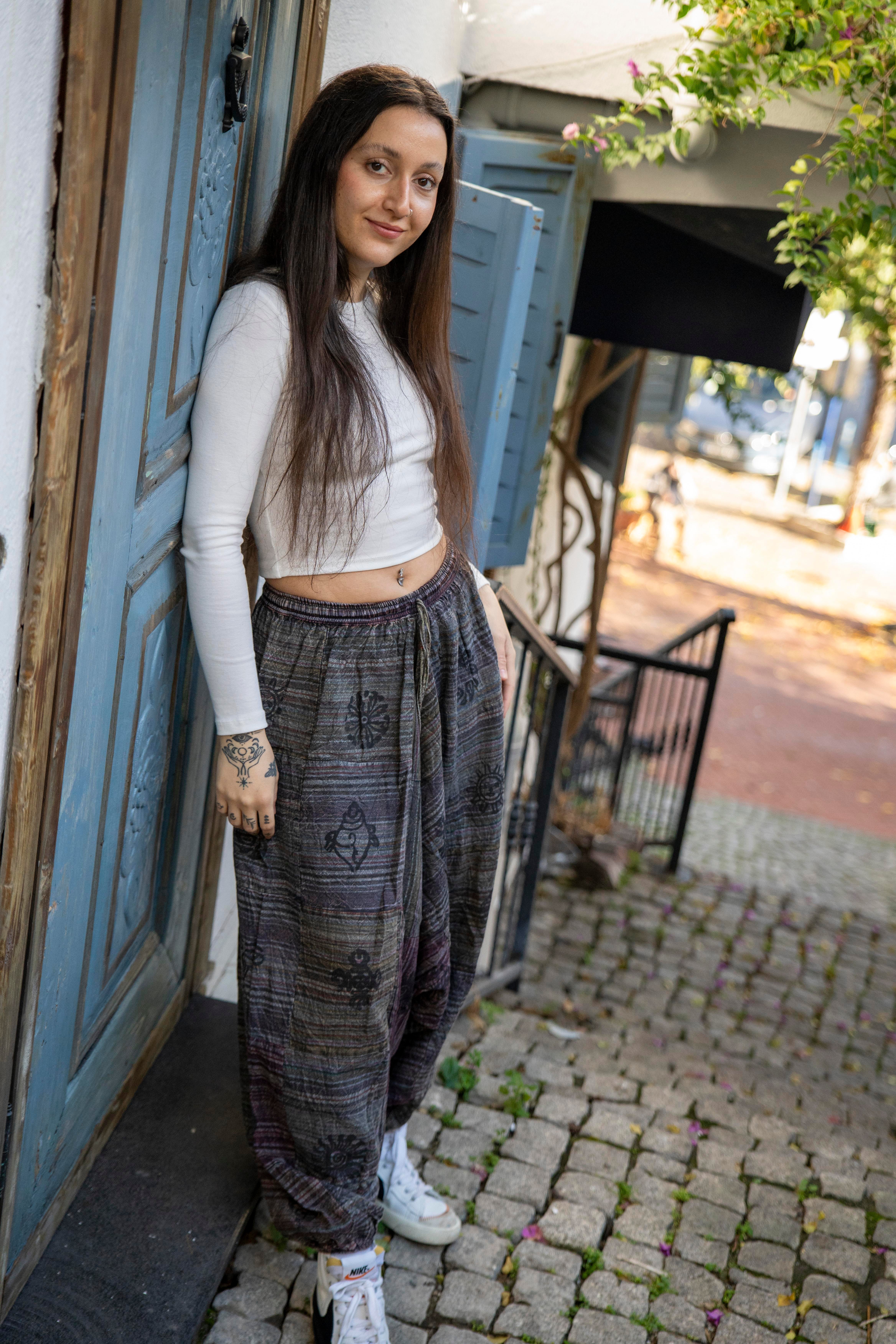 Unisex Gri Renk Bohem Nepal Patchwork Şalvar