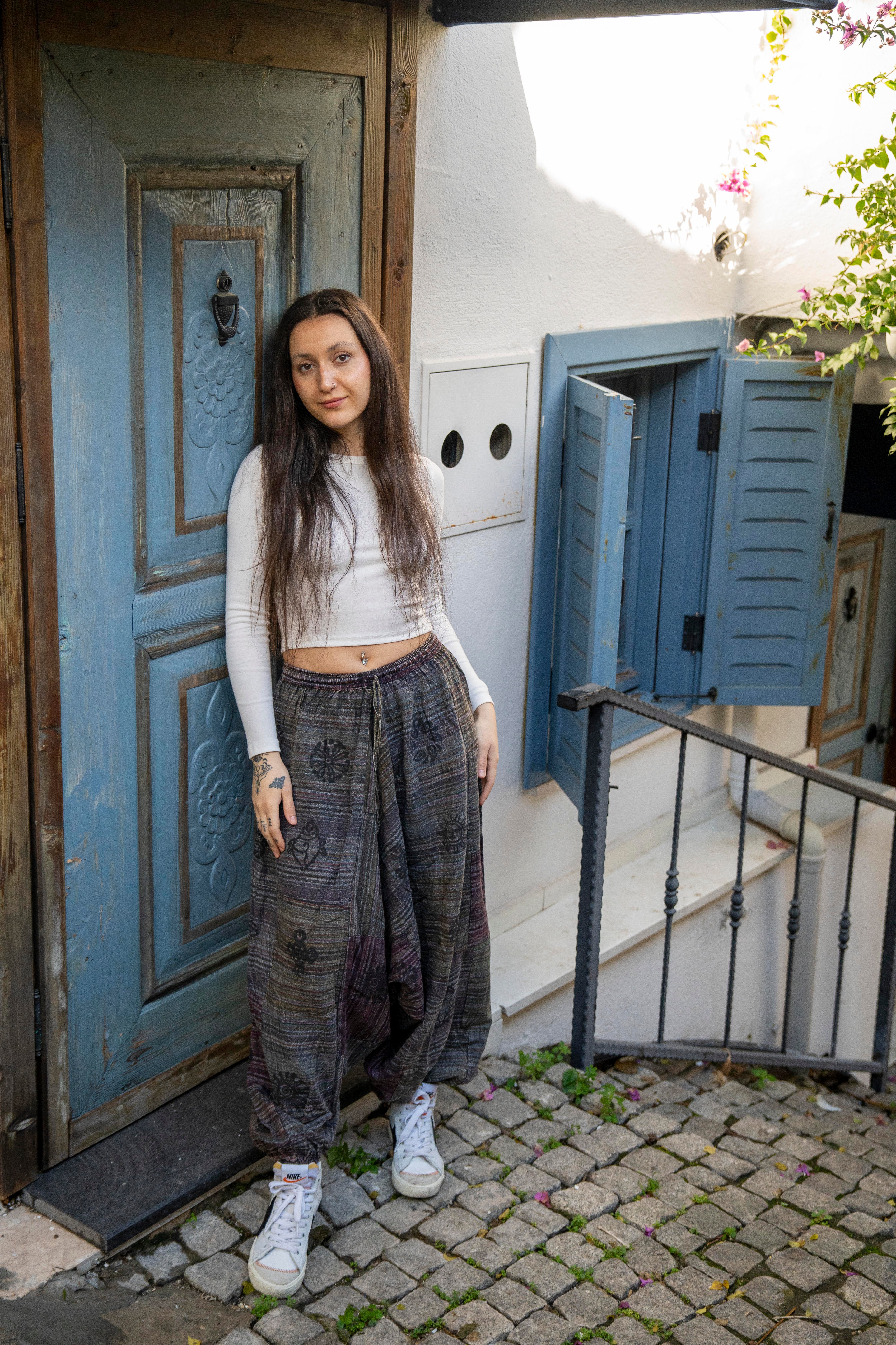 Unisex Gri Renk Bohem Nepal Patchwork Şalvar