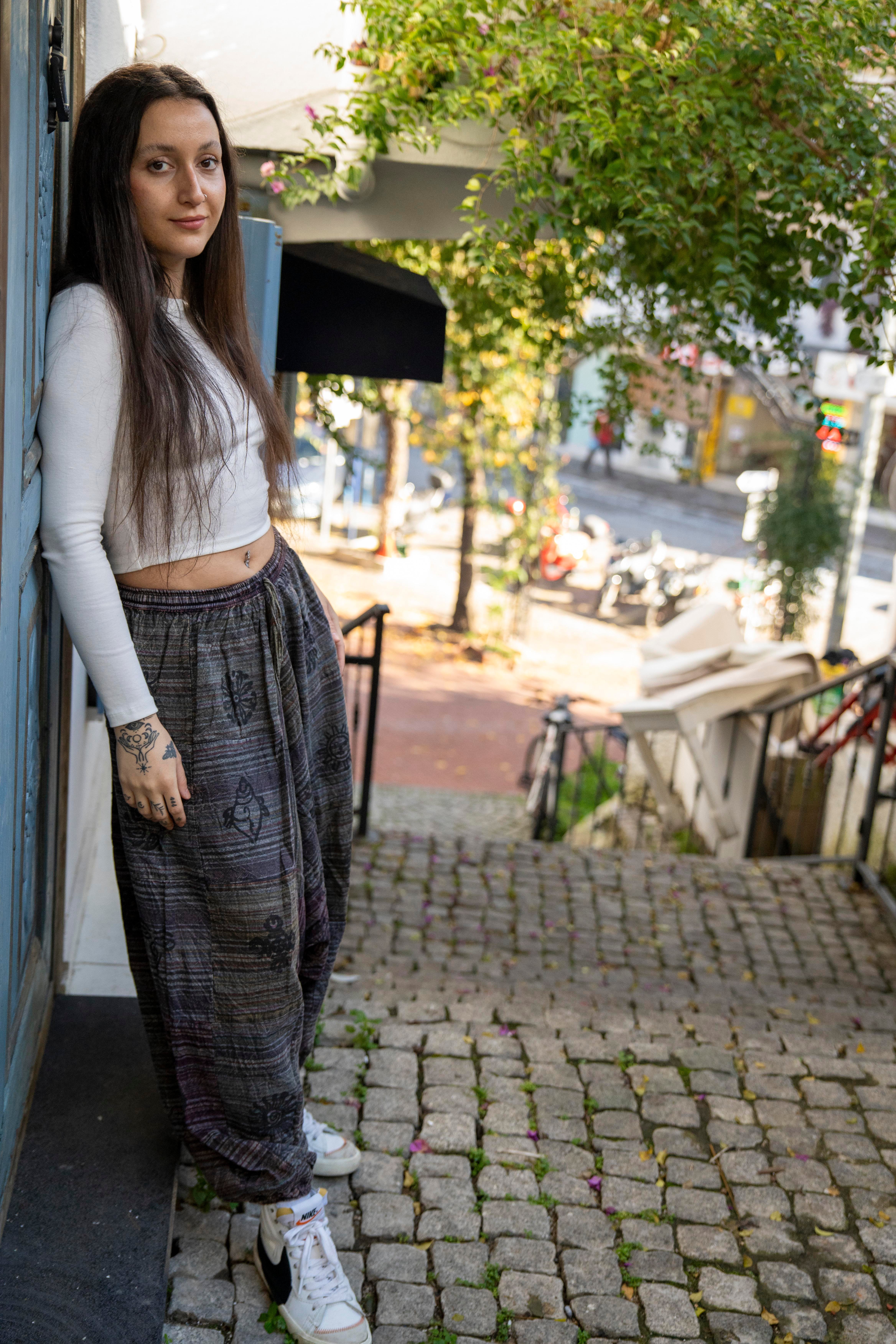 Unisex Gri Renk Bohem Nepal Patchwork Şalvar