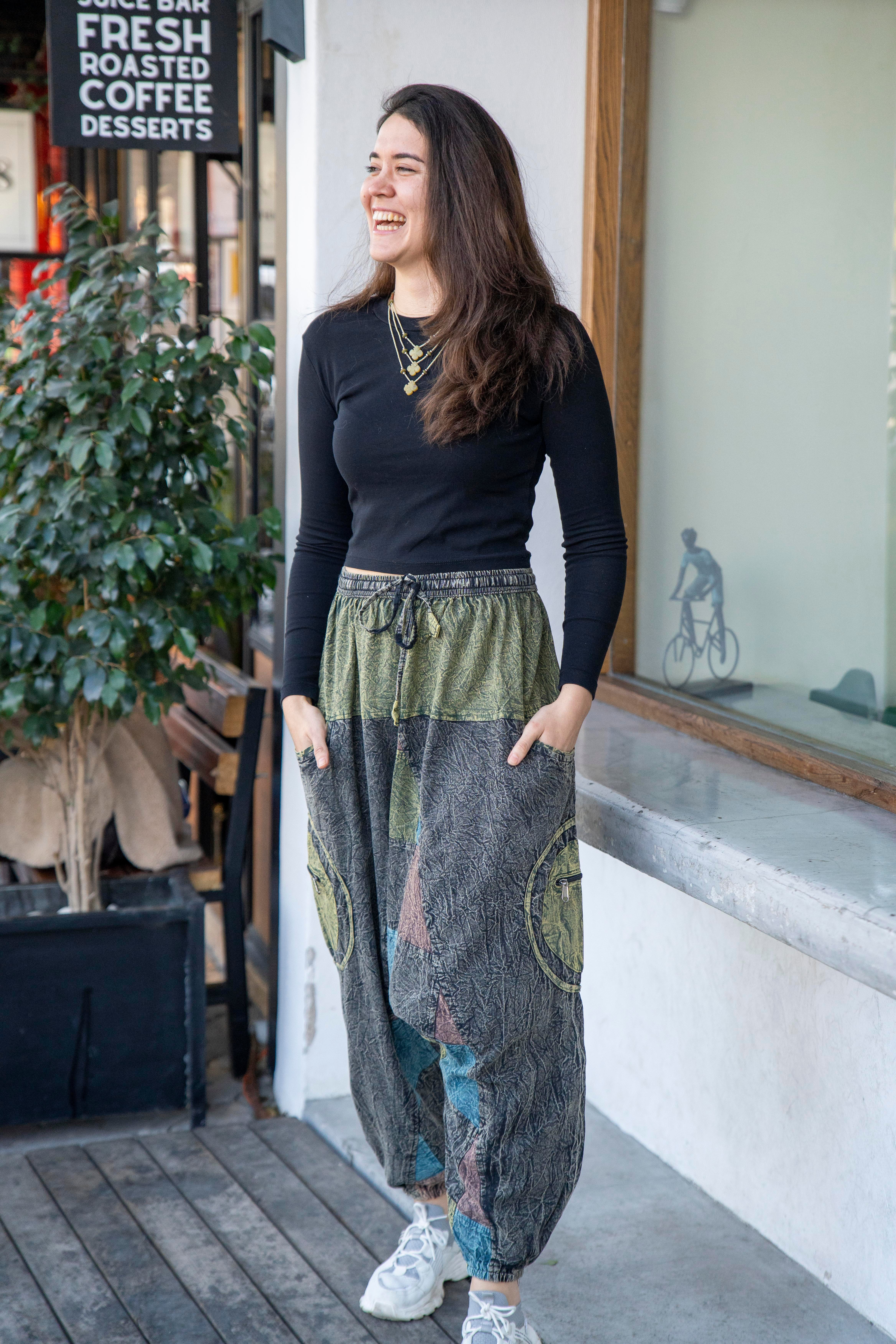 Unisex Haki Renk Bohem Nepal Patchwork Şalvar