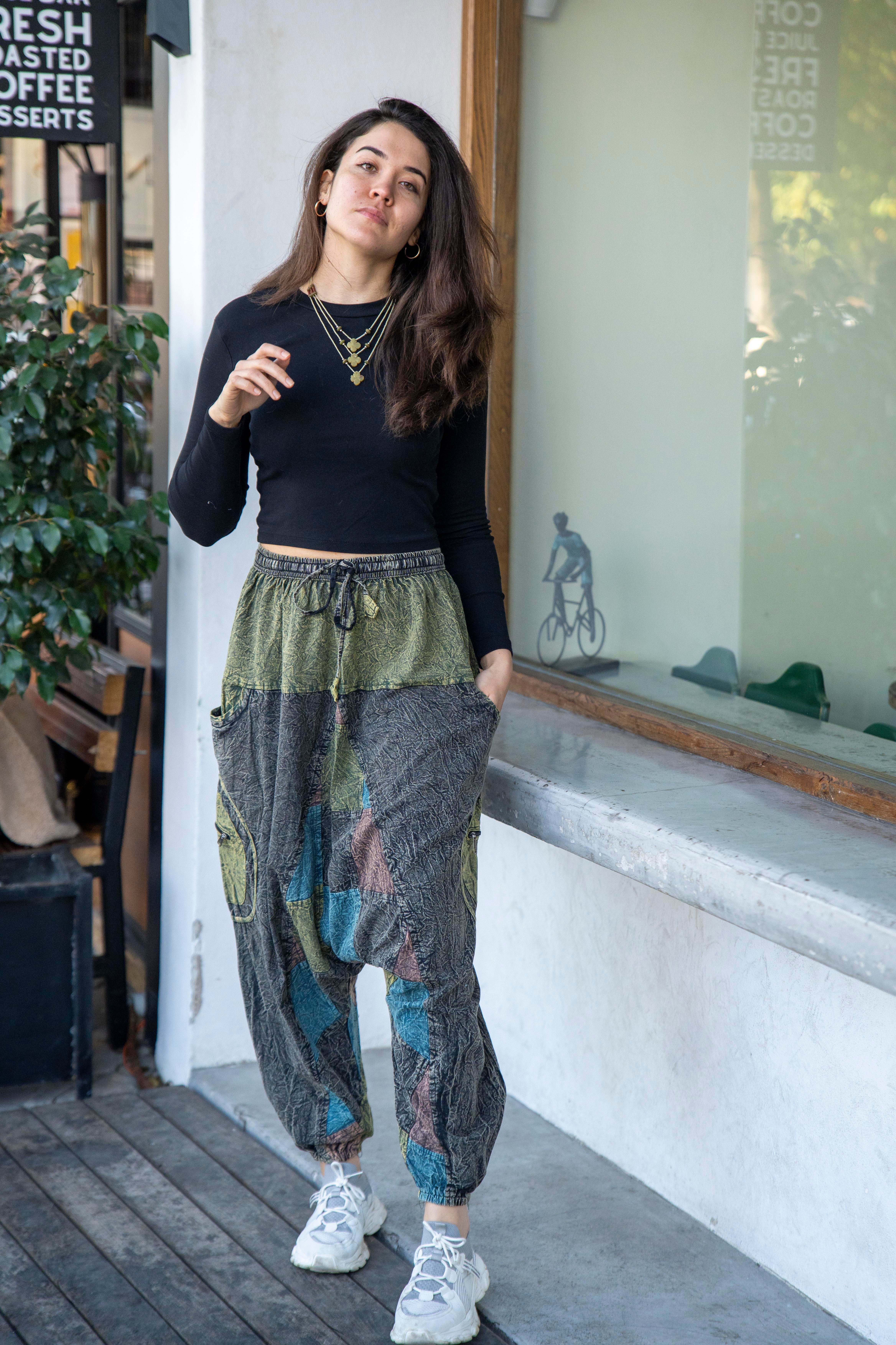 Unisex Haki Renk Bohem Nepal Patchwork Şalvar