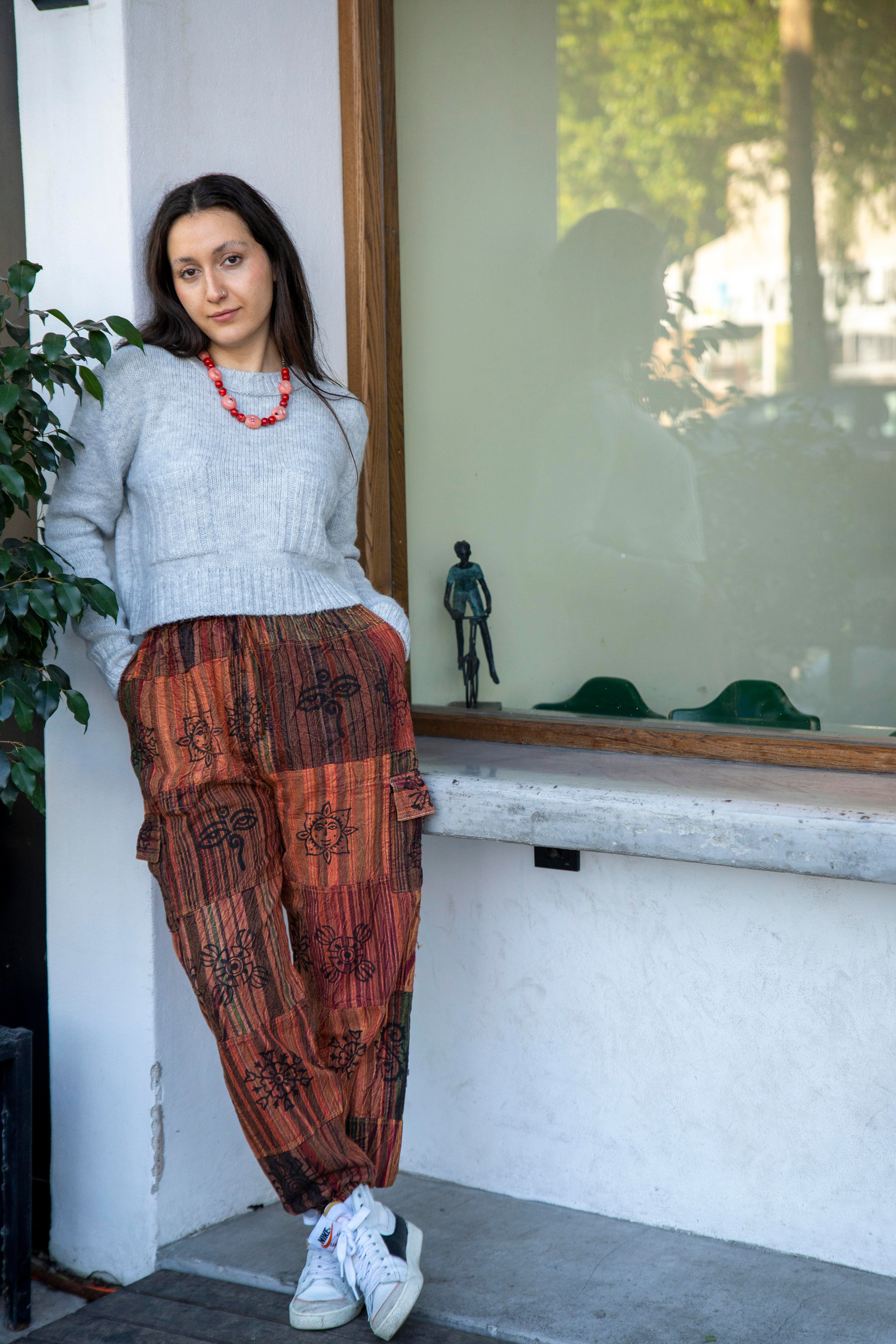 Unisex Kiremit Renk Bohem Nepal Patchwork Pantolon