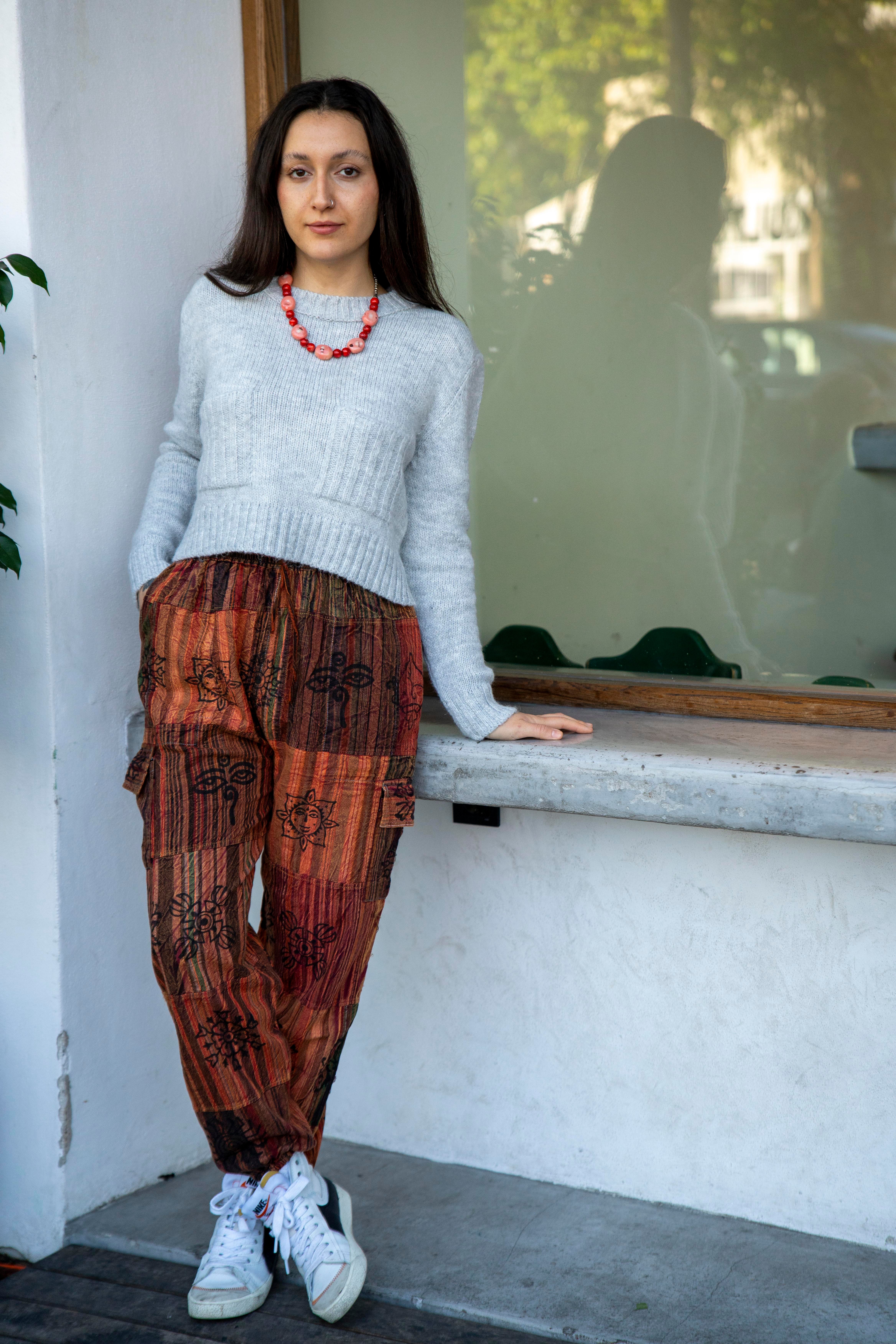 Unisex Kiremit Renk Bohem Nepal Patchwork Pantolon