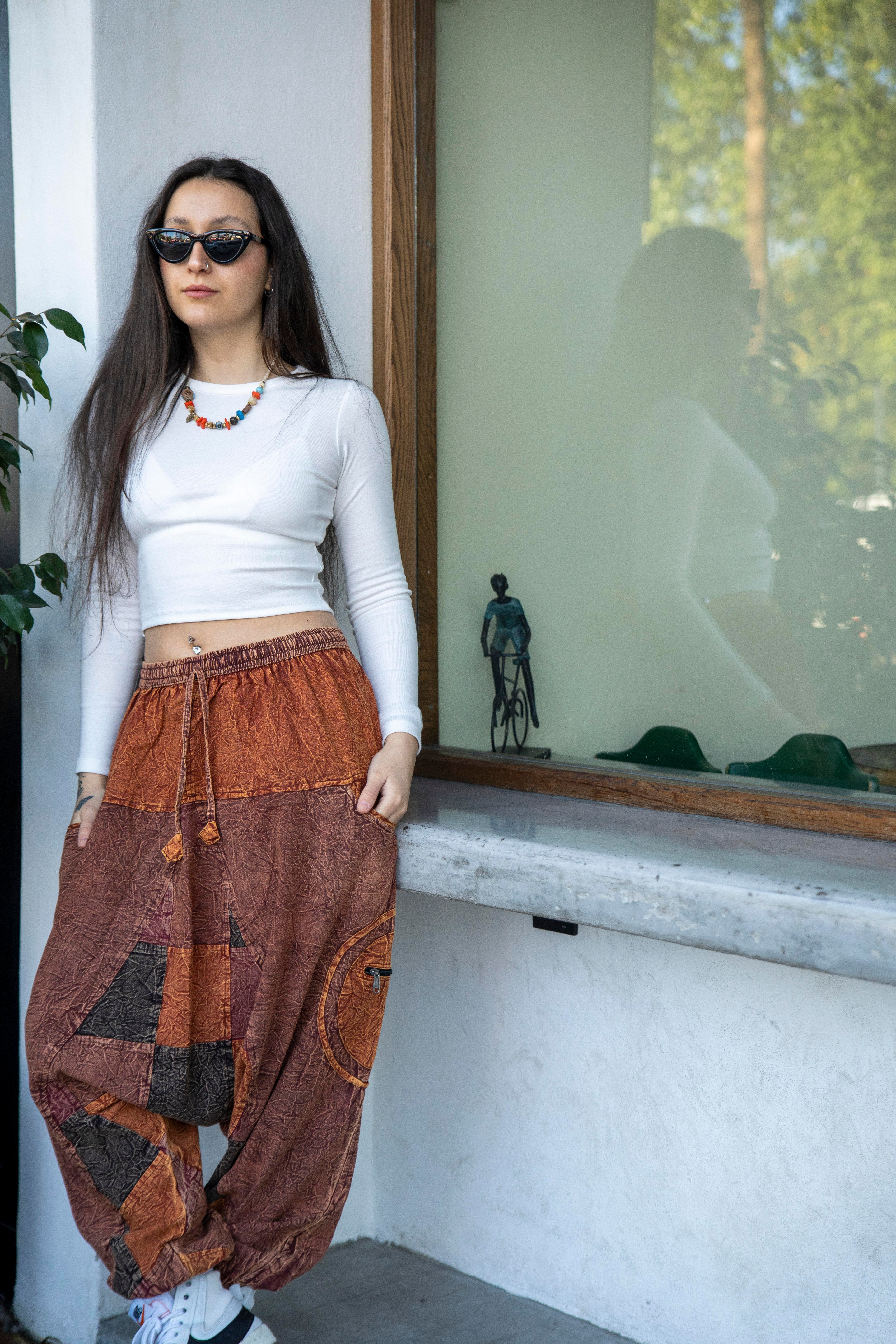 Unisex Kiremit Renk Bohem Nepal Patchwork Şalvar