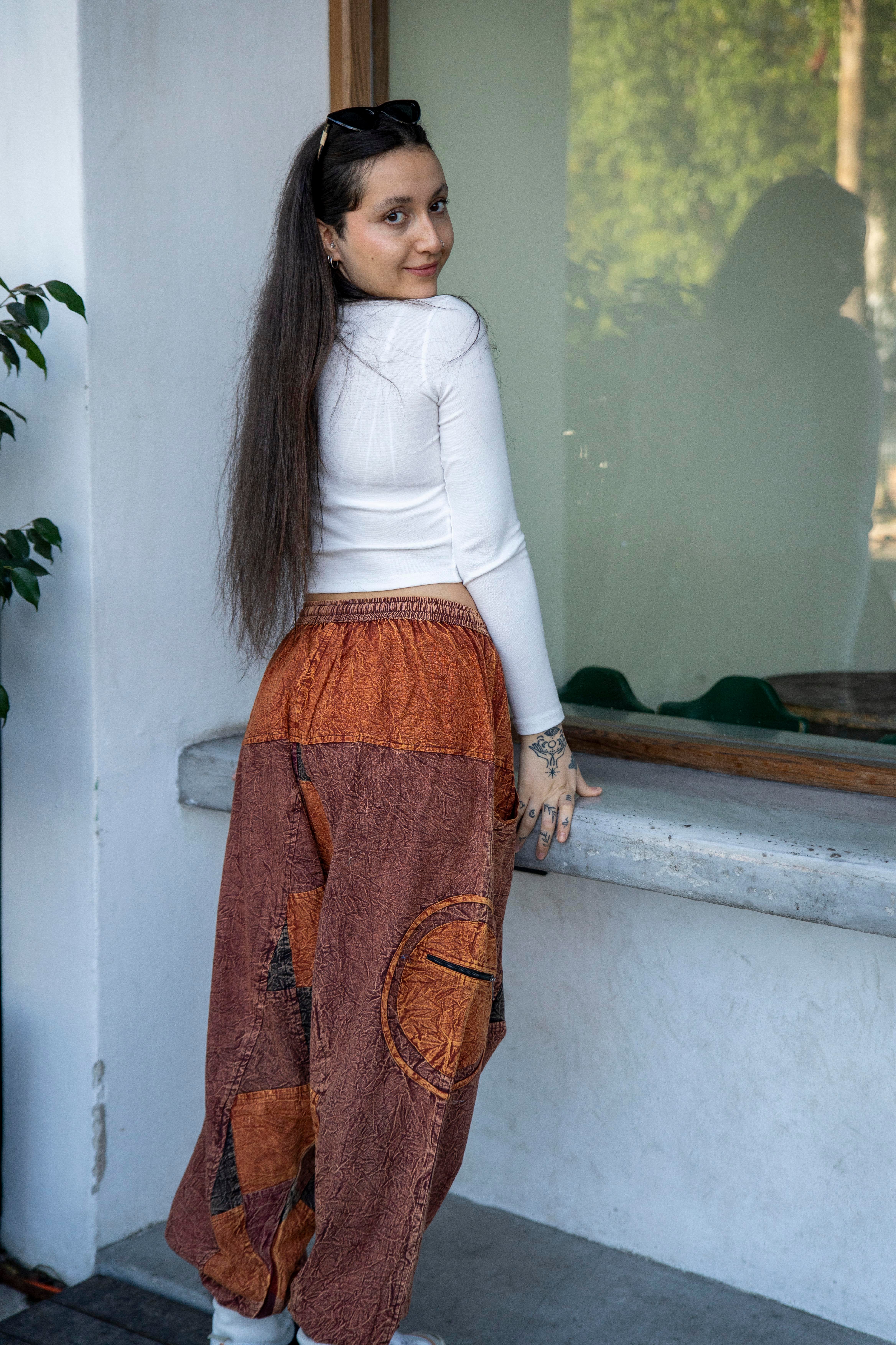 Unisex Kiremit Renk Bohem Nepal Patchwork Şalvar