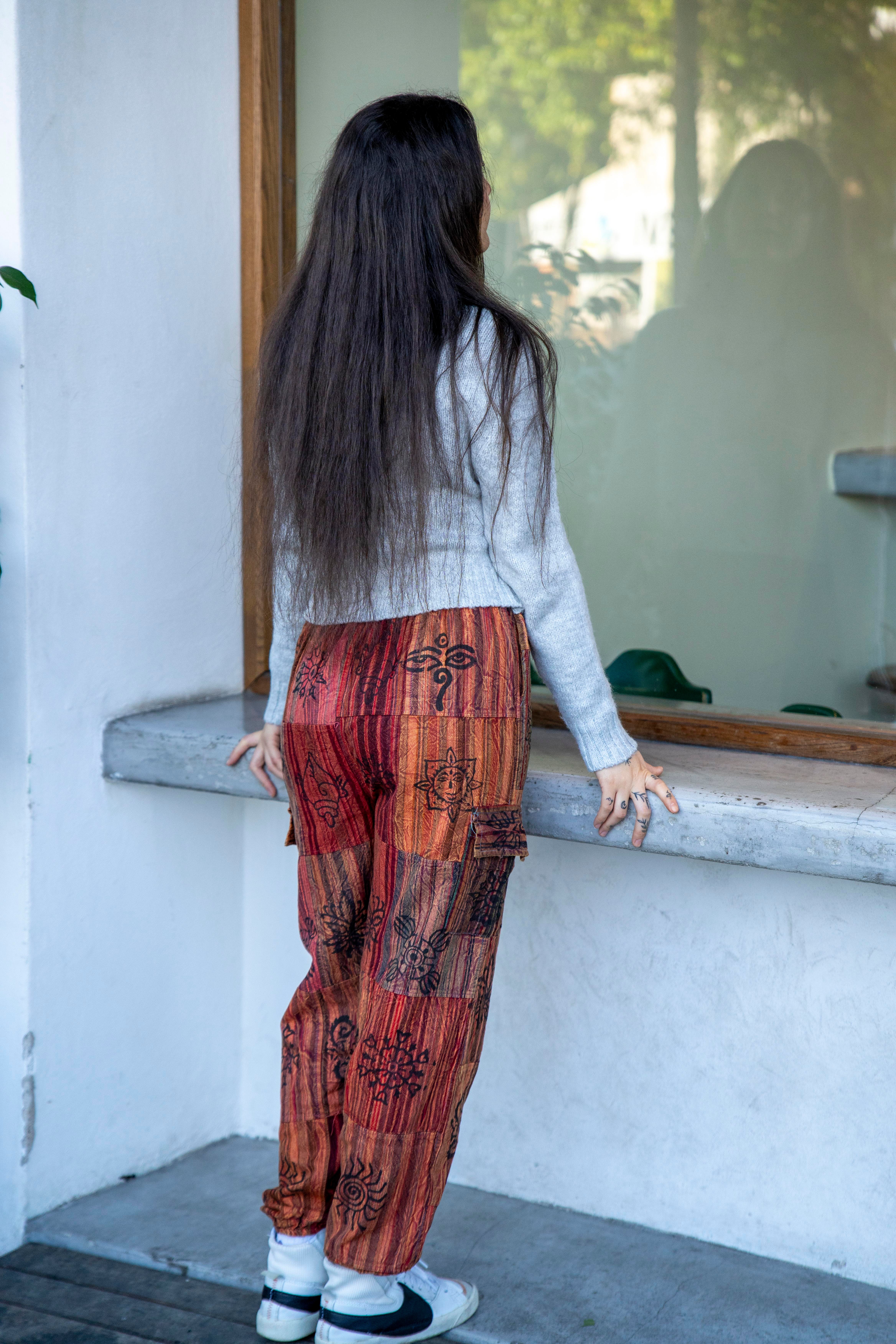 Unisex Kiremit Renk Bohem Nepal Patchwork Pantolon