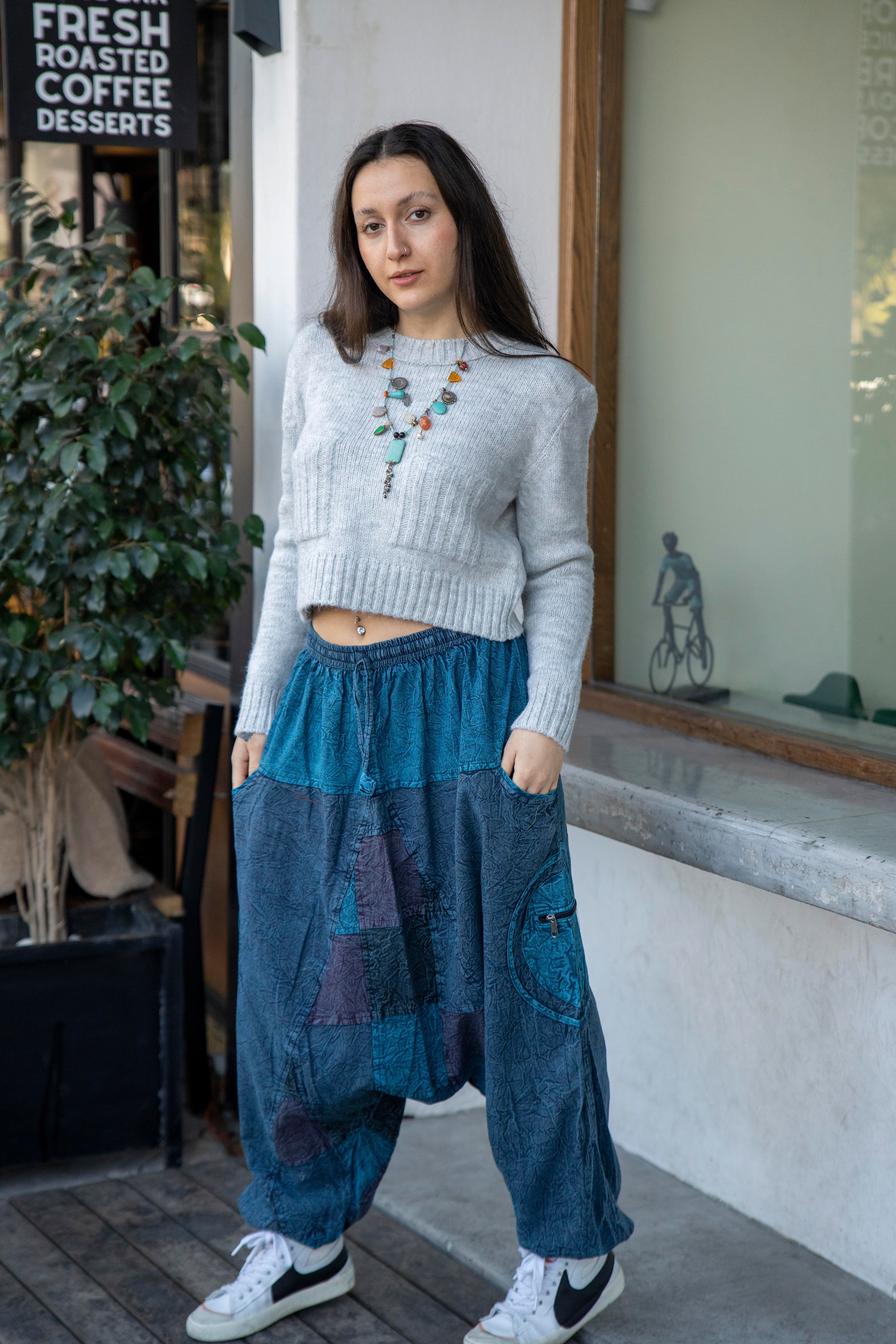 Unisex Mavi Renk Bohem Nepal Patchwork Şalvar