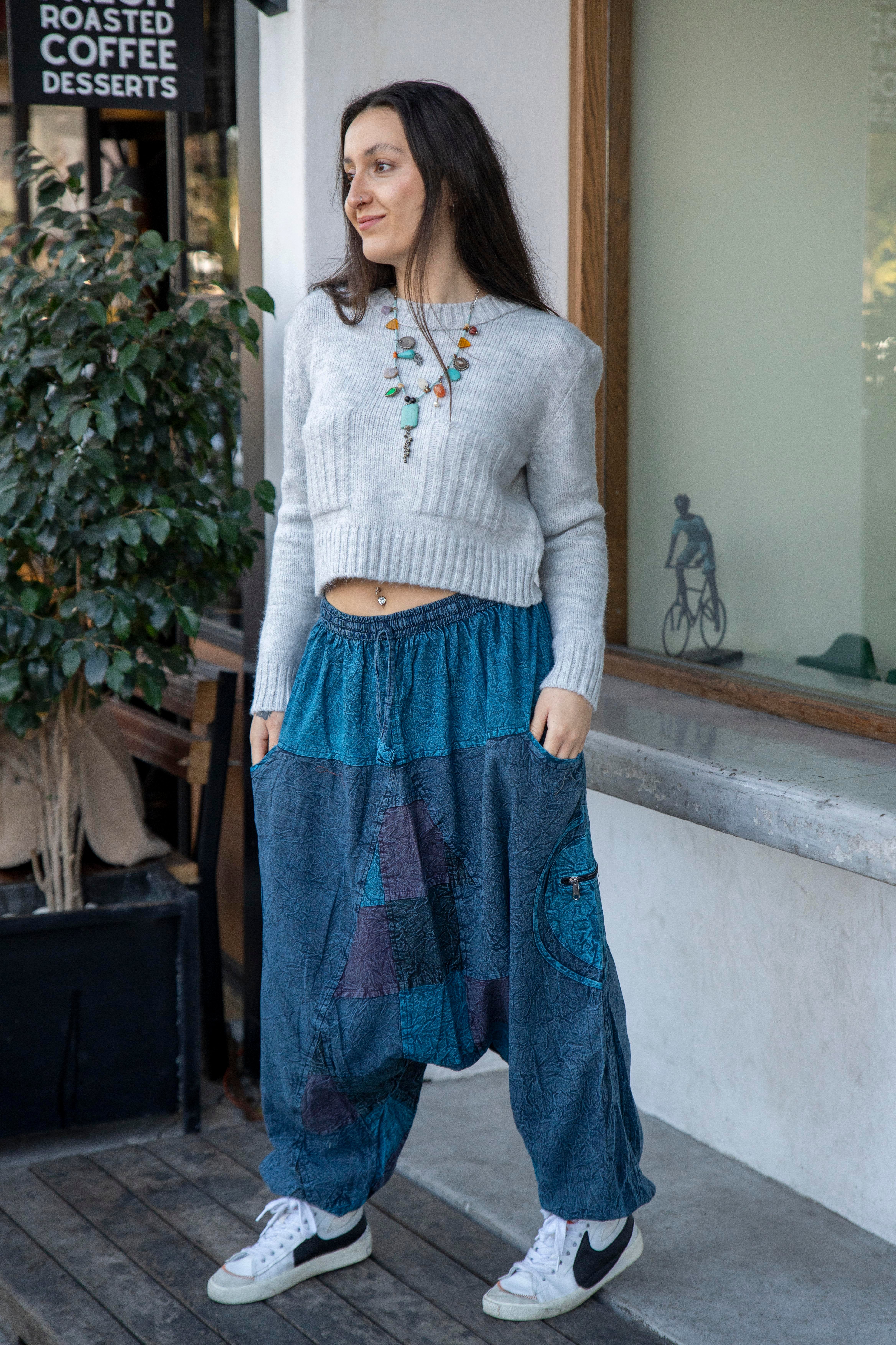 Unisex Mavi Renk Bohem Nepal Patchwork Şalvar