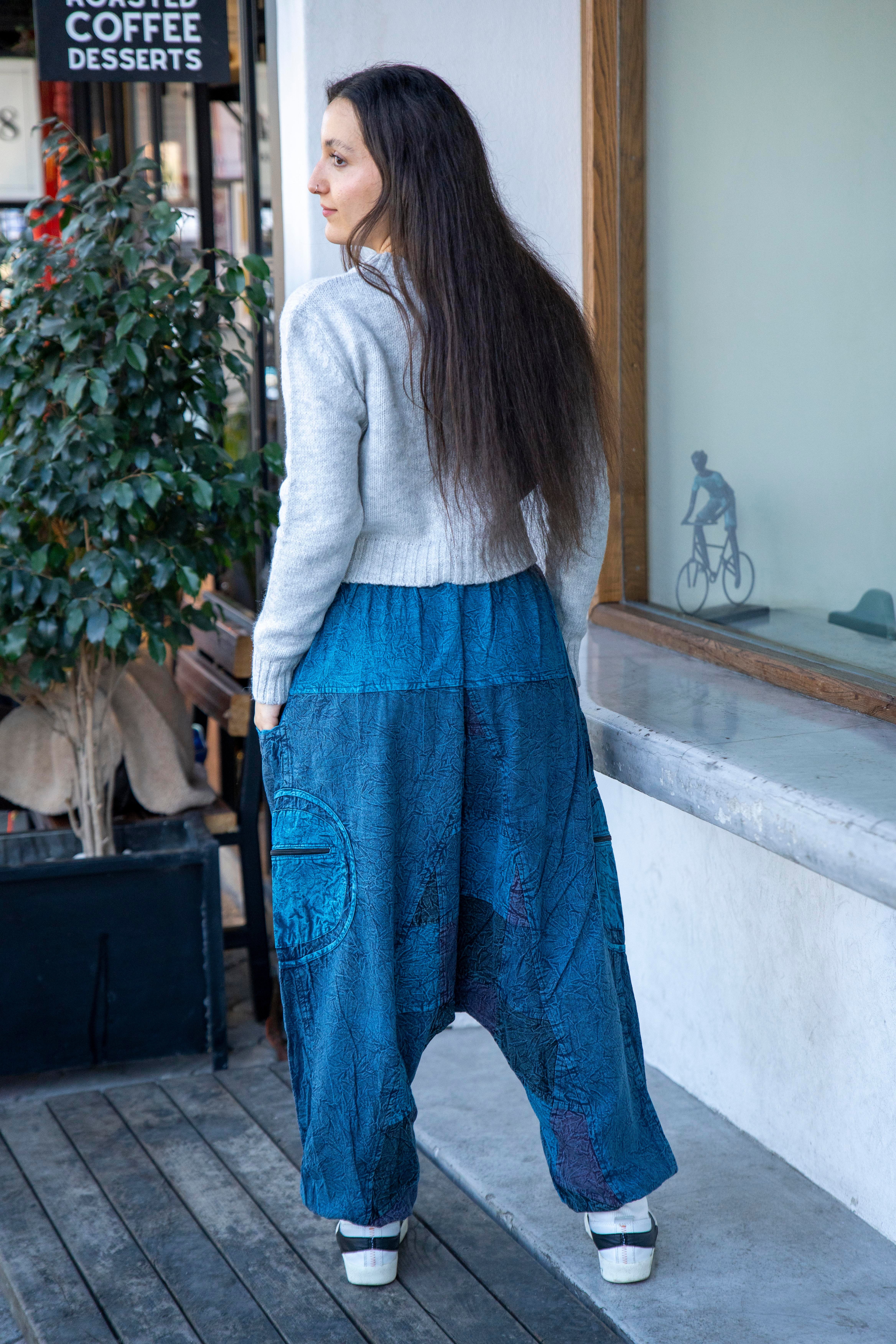 Unisex Mavi Renk Bohem Nepal Patchwork Şalvar