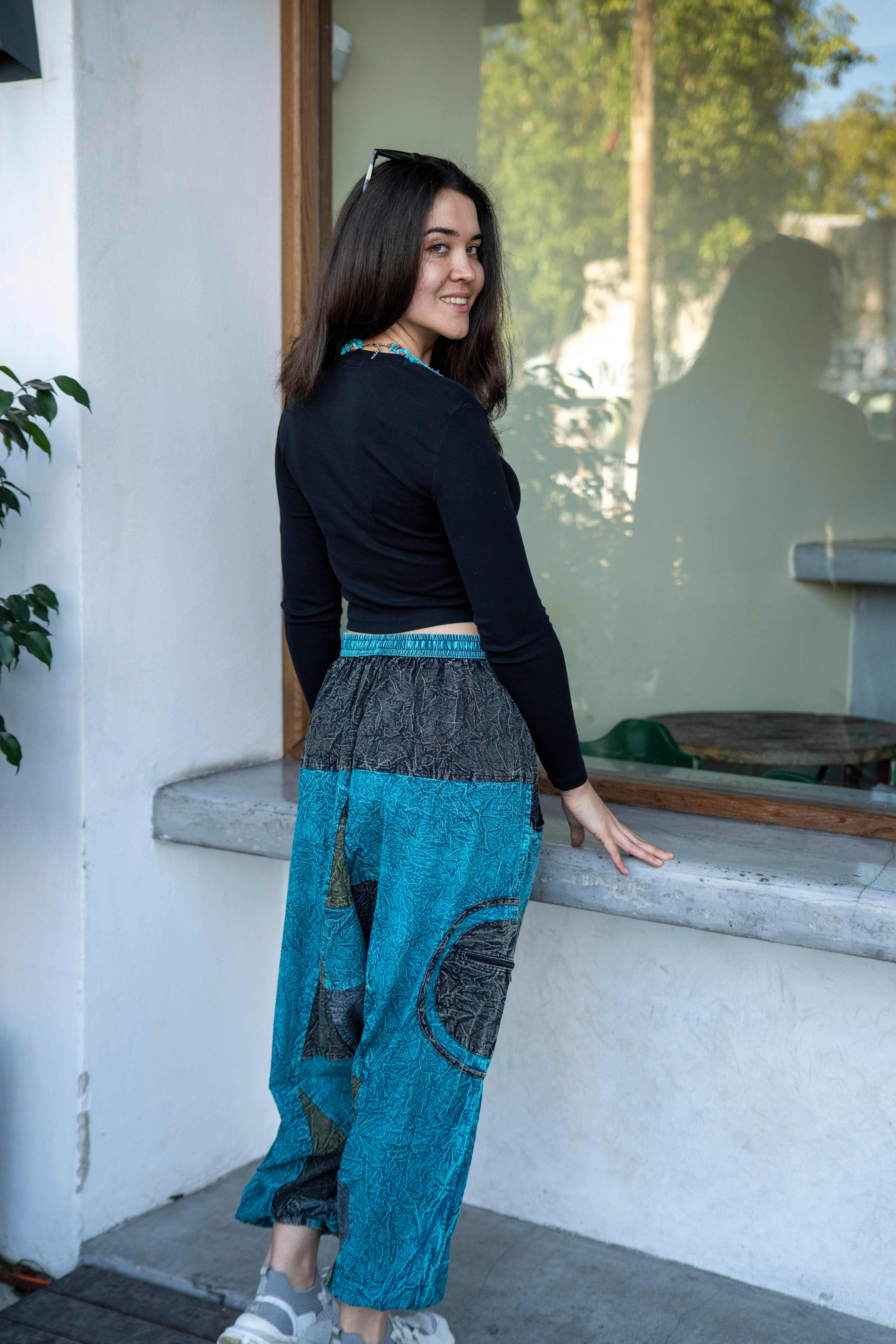 Unisex Turkuaz Renk Bohem Nepal Patchwork Şalvar