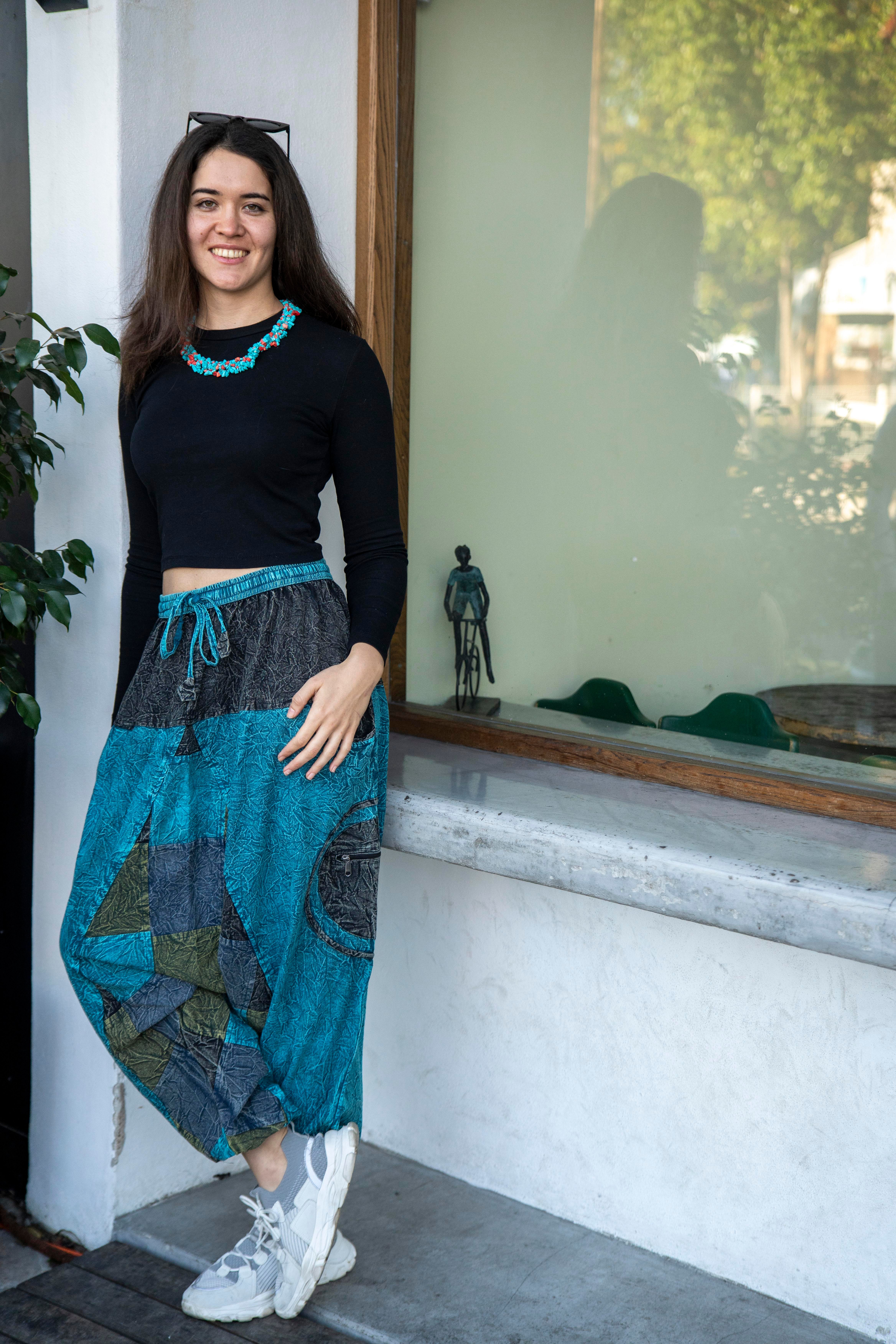 Unisex Turkuaz Renk Bohem Nepal Patchwork Şalvar