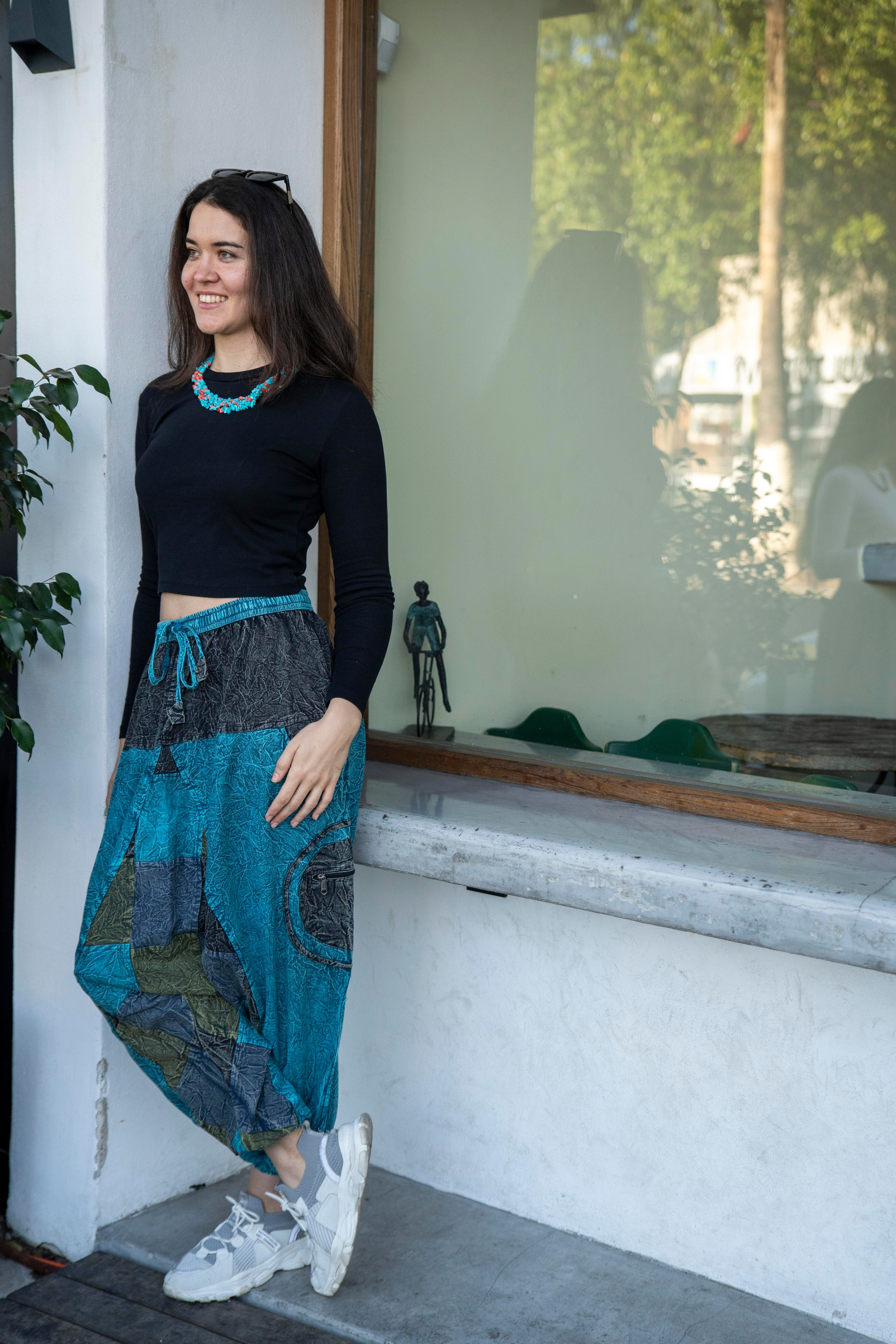 Unisex Turkuaz Renk Bohem Nepal Patchwork Şalvar