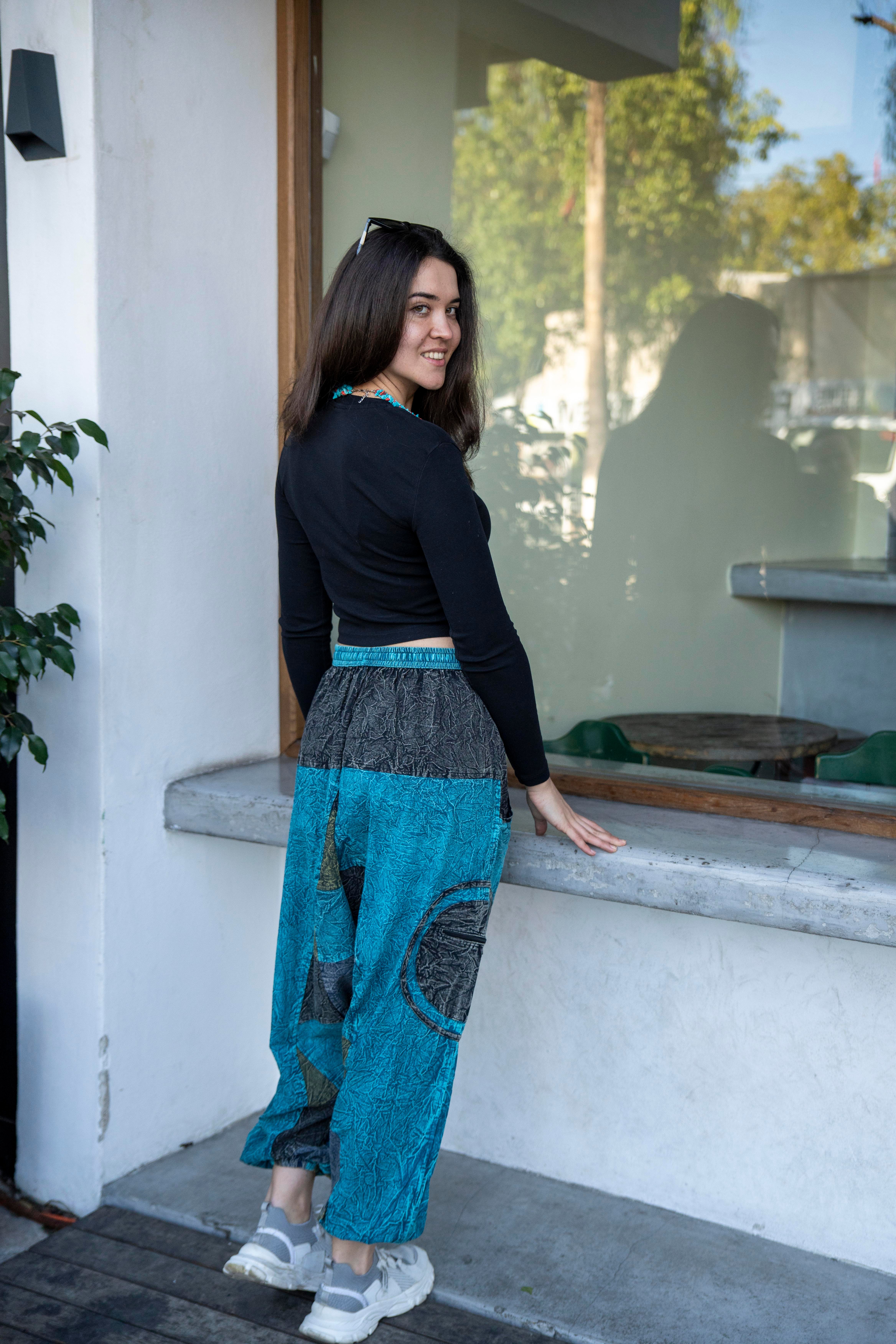 Unisex Turkuaz Renk Bohem Nepal Patchwork Şalvar