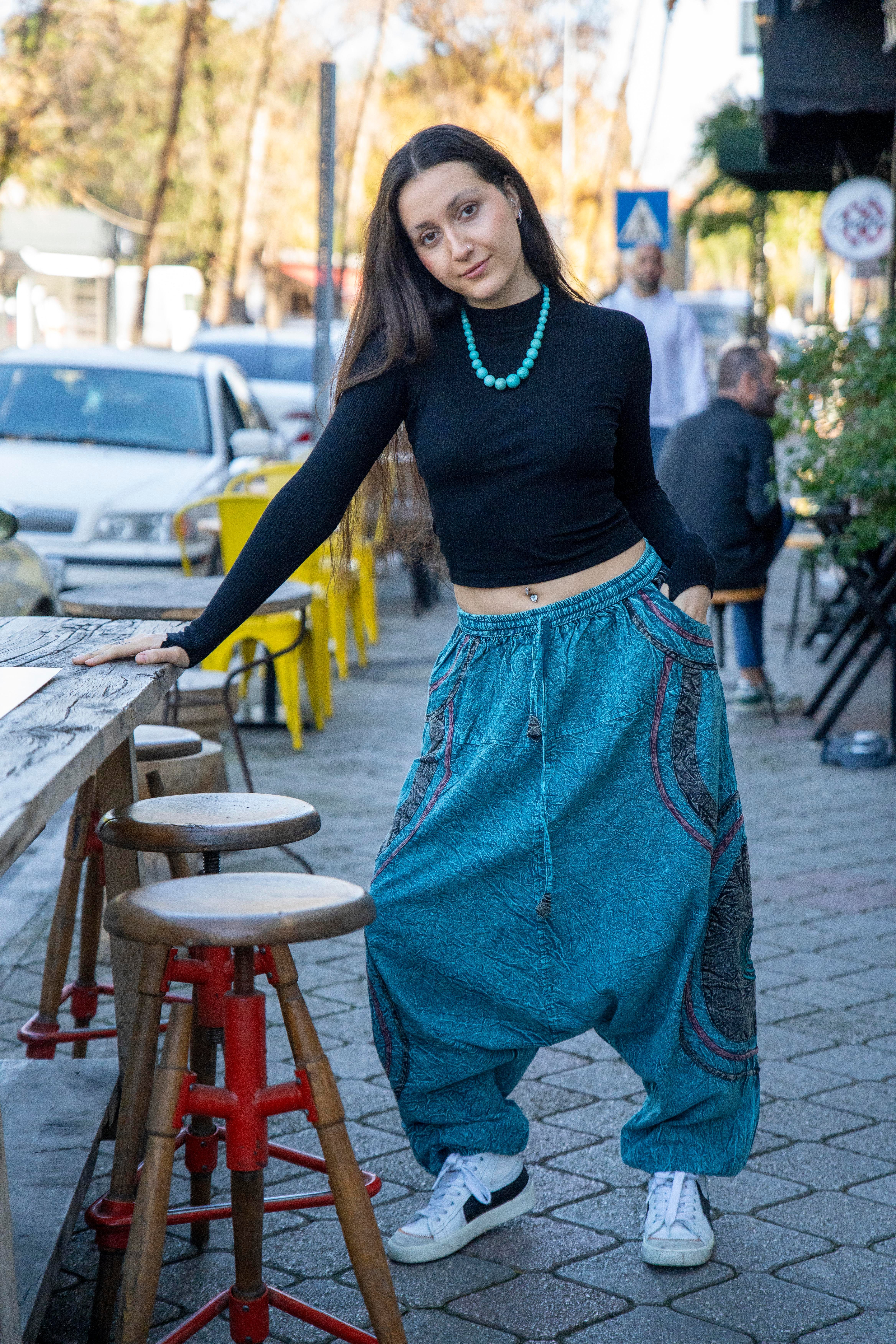 Unisex Turkuaz Renk Bohem Nepal Şalvar