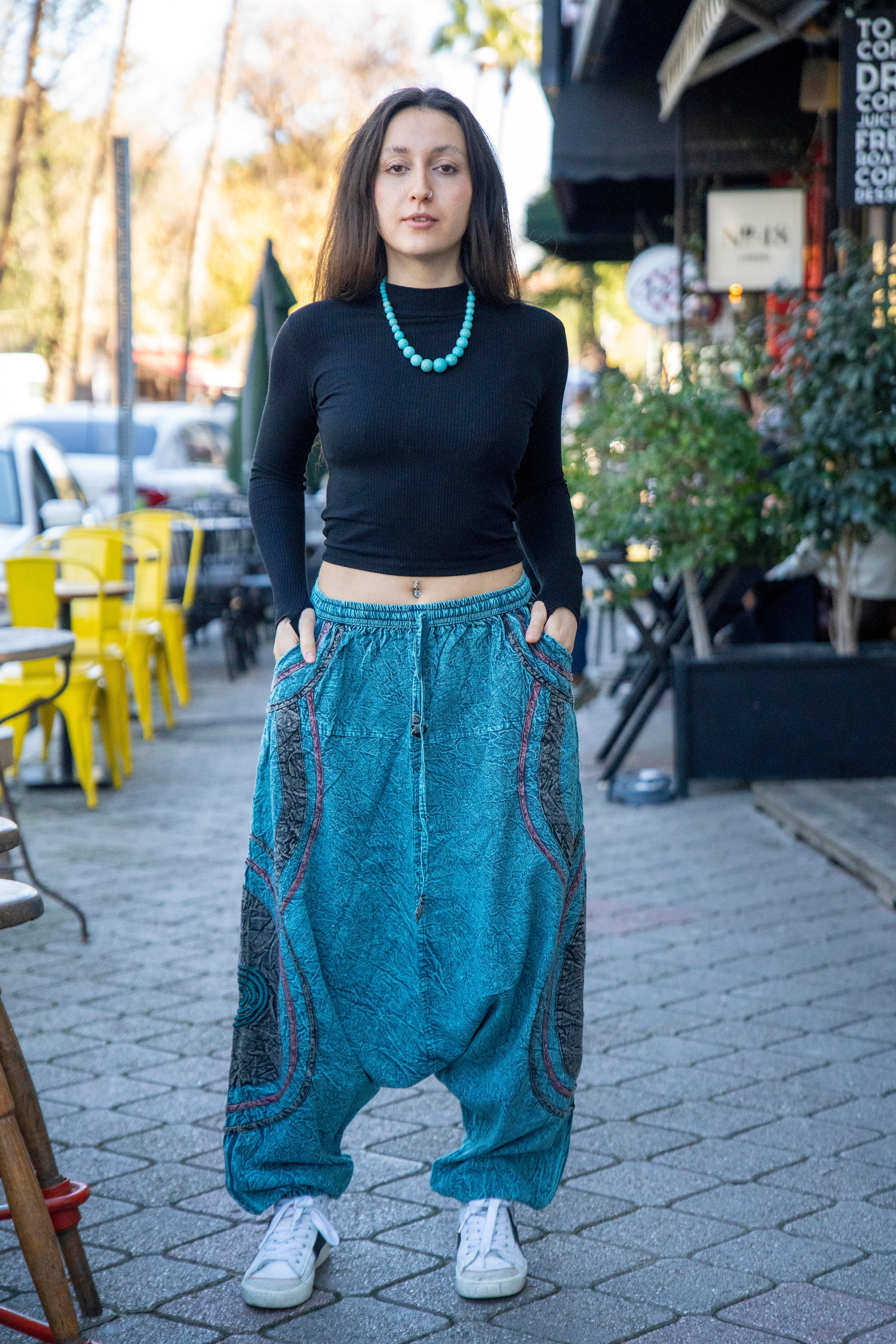 Unisex Turkuaz Renk Bohem Nepal Şalvar