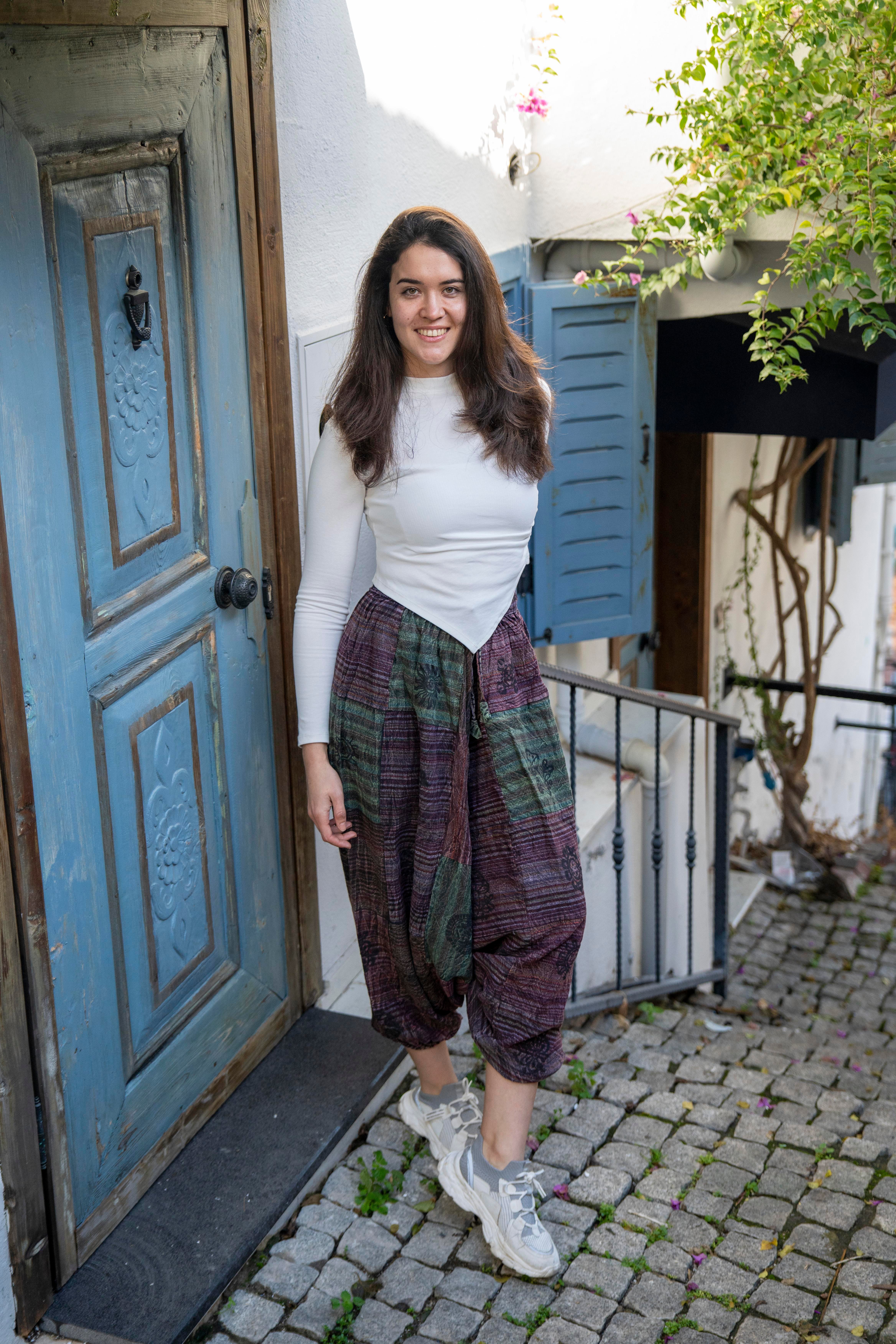 Unisex Yeşil Renk Bohem Nepal Patchwork Şalvar