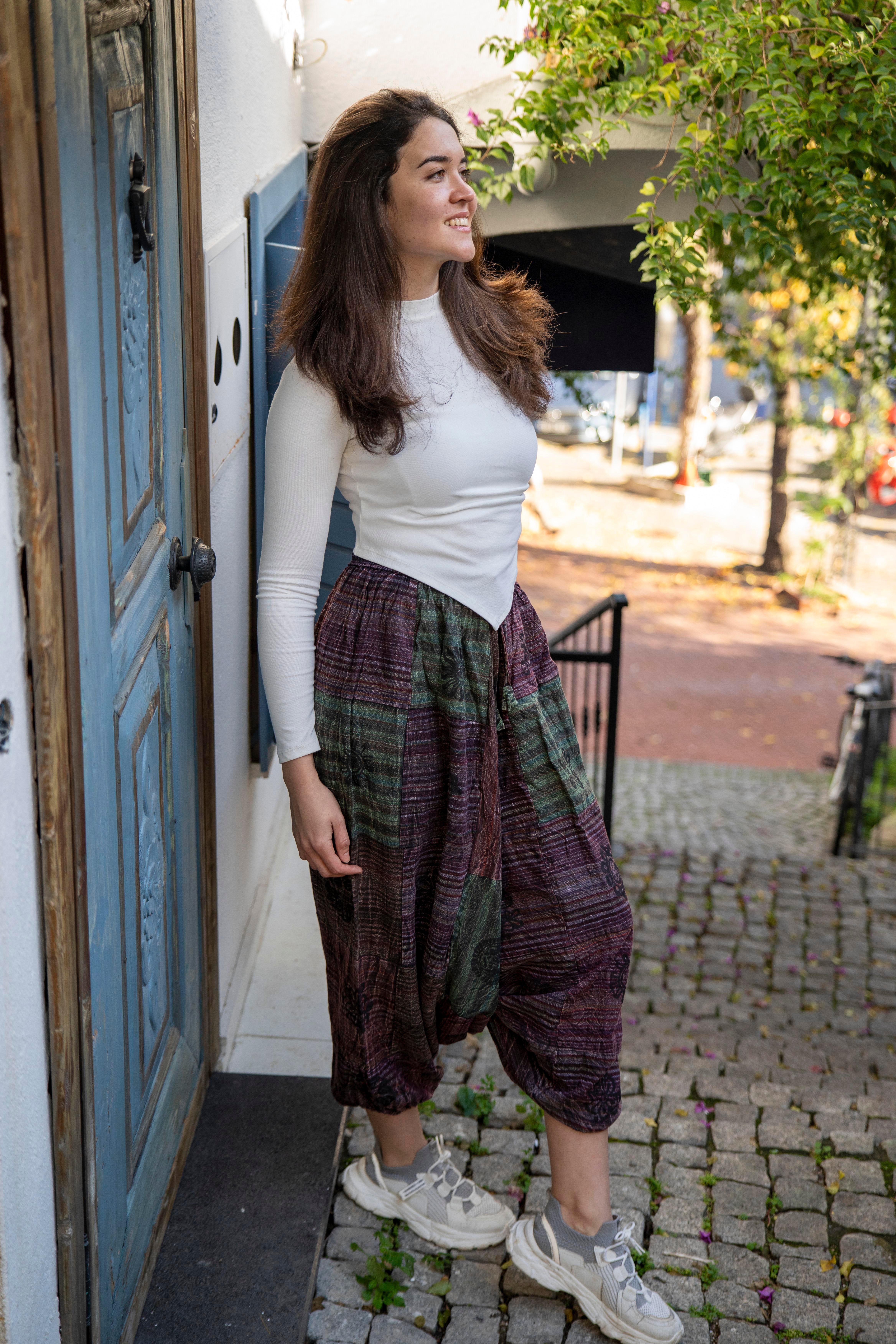 Unisex Yeşil Renk Bohem Nepal Patchwork Şalvar