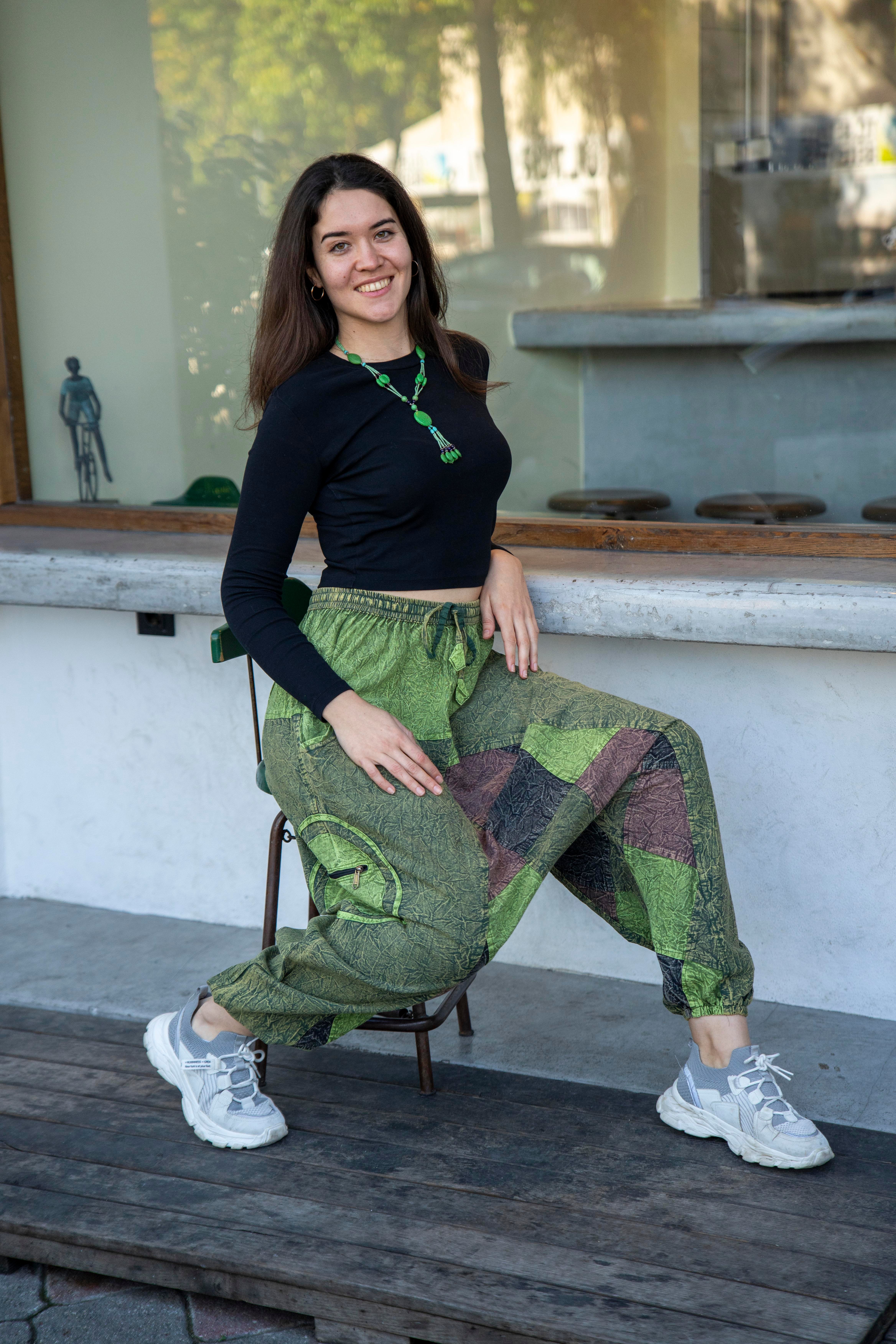 Unisex Yeşil Renk Bohem Nepal Patchwork Şalvar