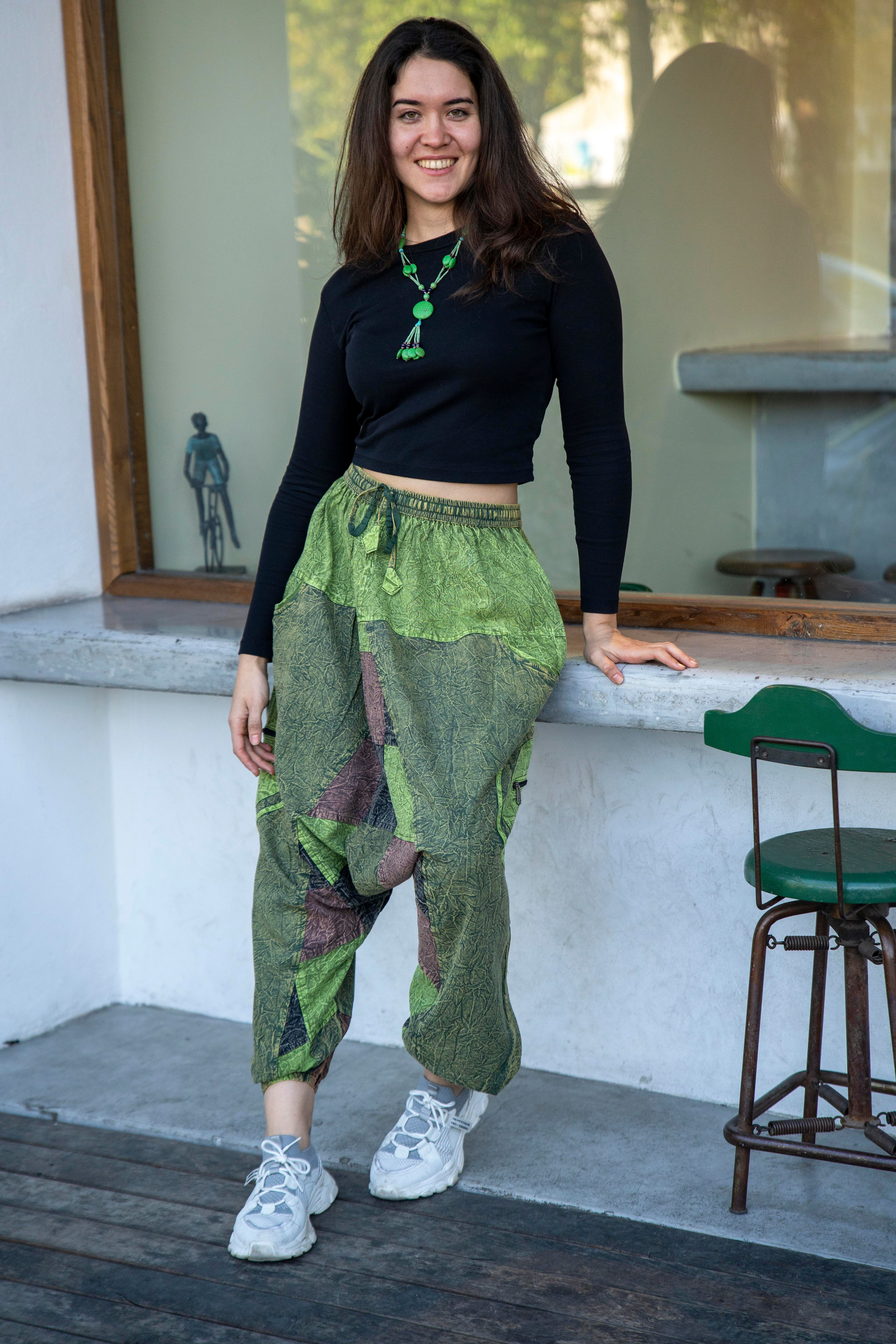 Unisex Yeşil Renk Bohem Nepal Patchwork Şalvar