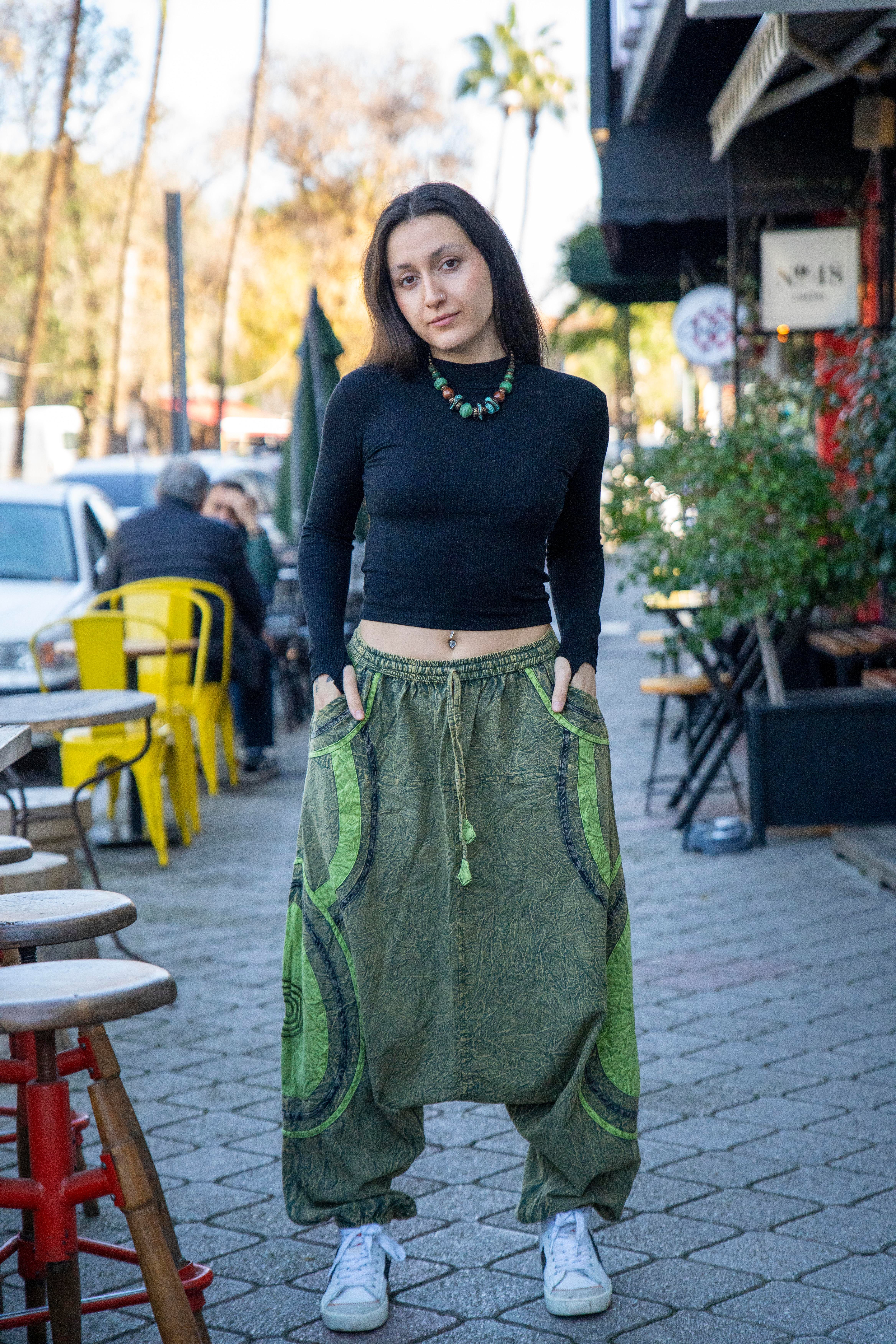 Unisex Yeşil Renk Bohem Nepal Şalvar