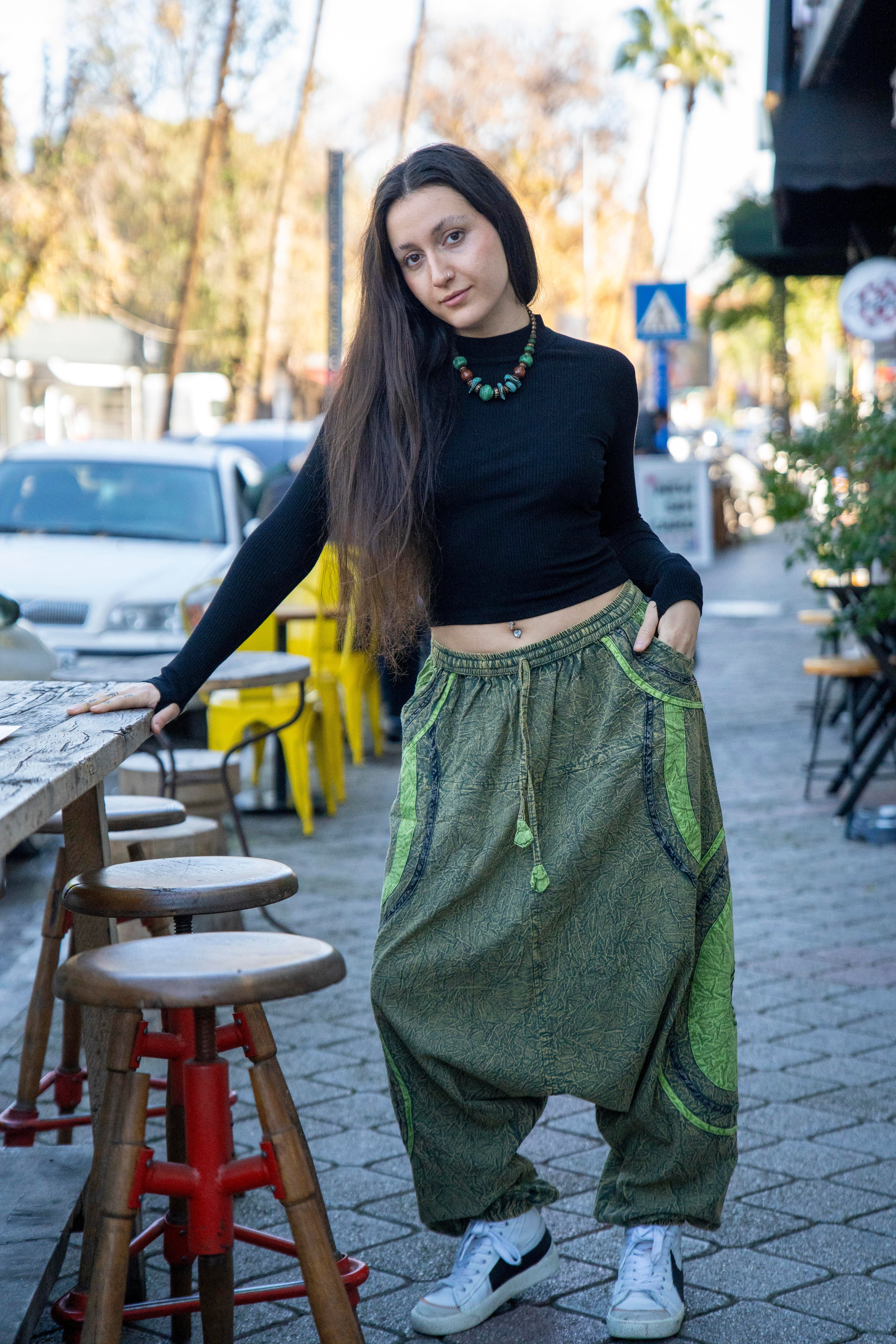 Unisex Yeşil Renk Bohem Nepal Şalvar