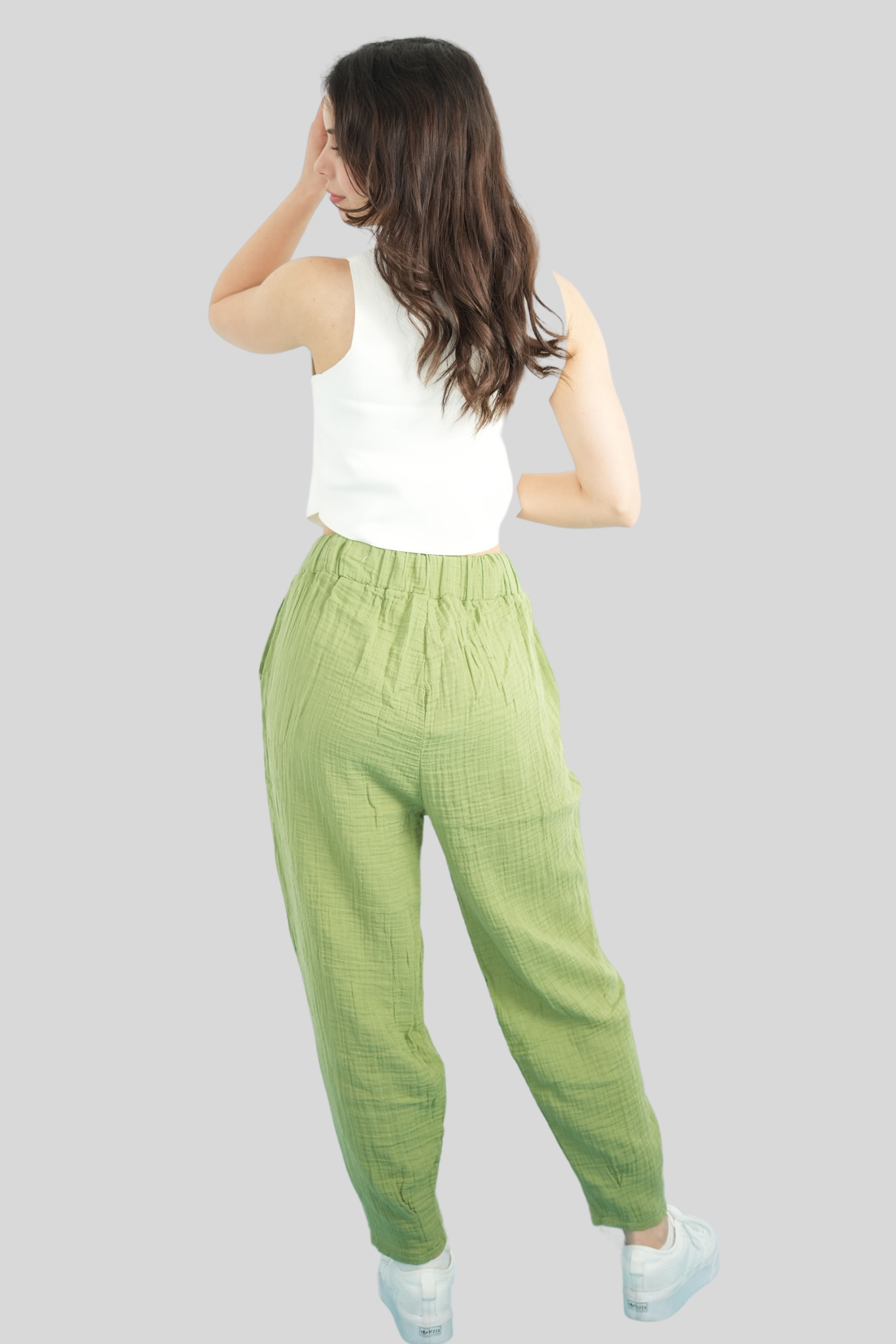 Yeşil Beli Lastikli Müslin Pantolon