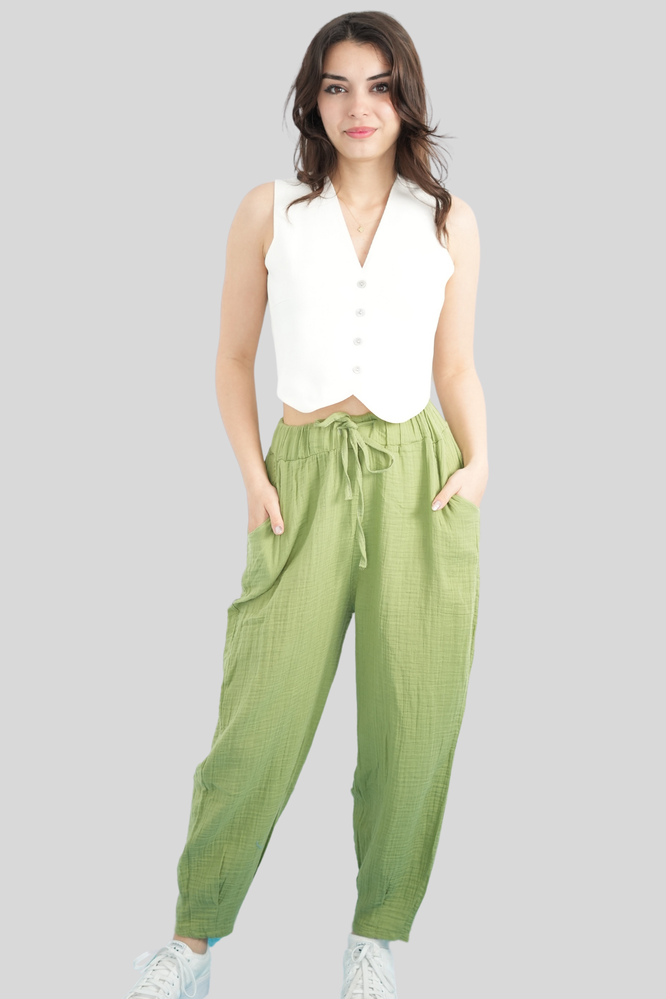 Yeşil Beli Lastikli Müslin Pantolon