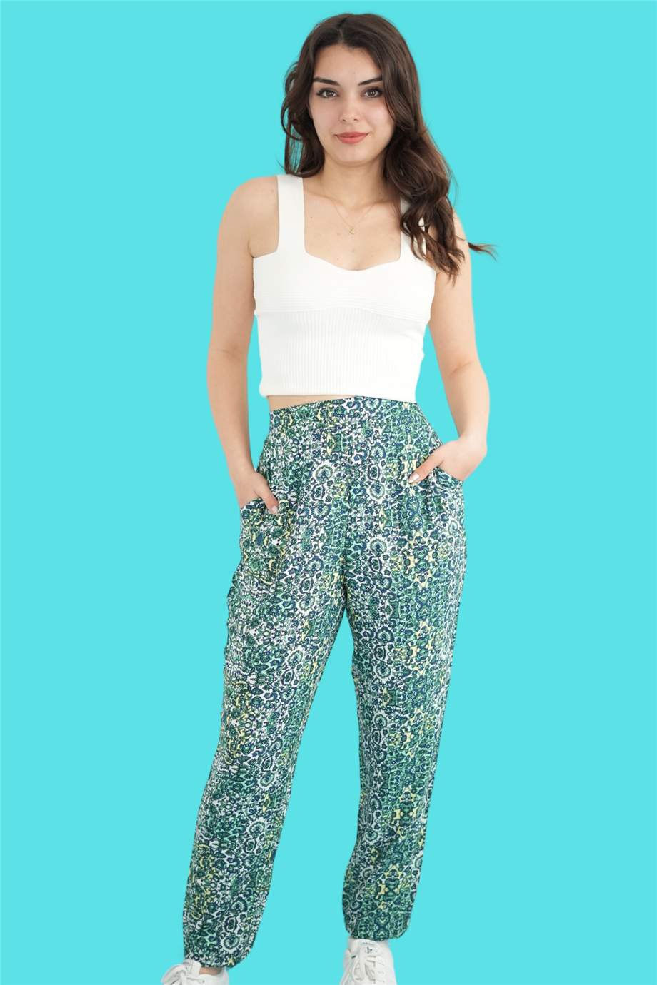 Yeşil Etnik Desenli Pantolon