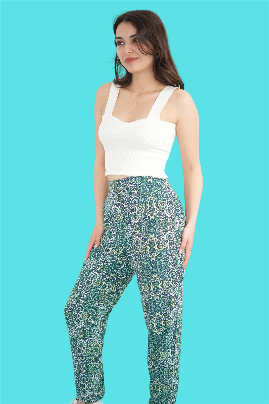 Yeşil Etnik Desenli Pantolon
