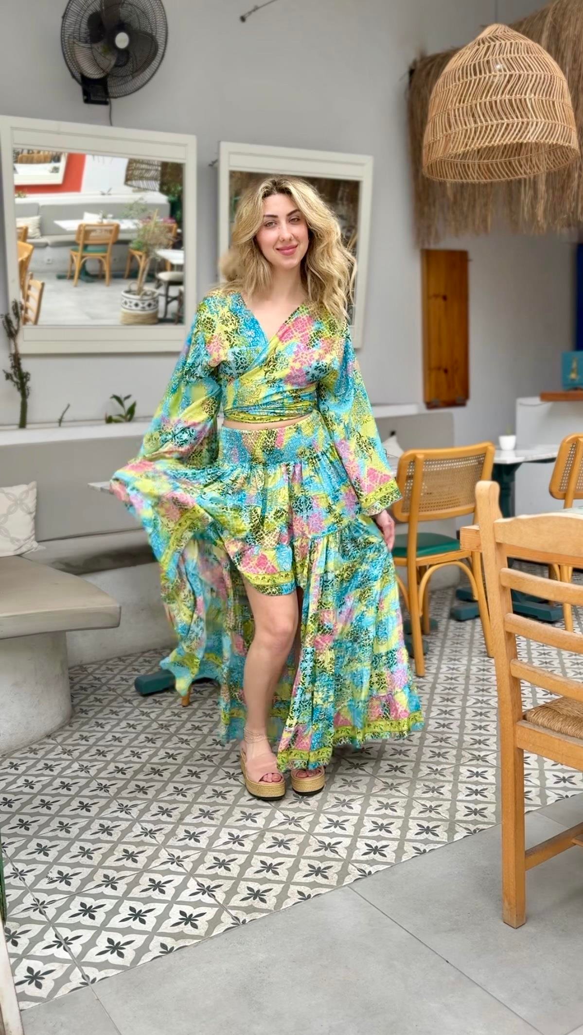 Yeşil İpek Etek Bluz Takım