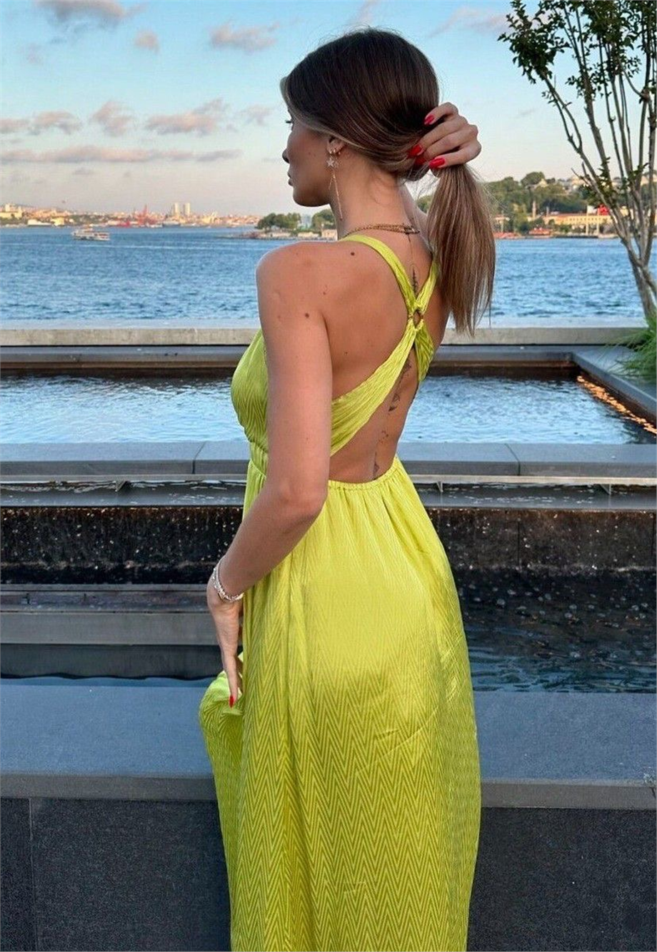 Yeşil Maxi Saten İthal Bohem Elbise