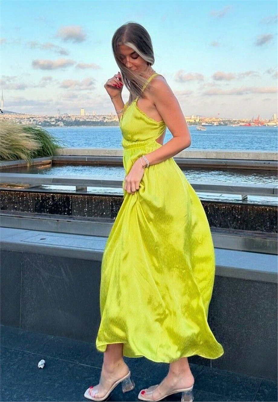 Yeşil Maxi Saten İthal Bohem Elbise