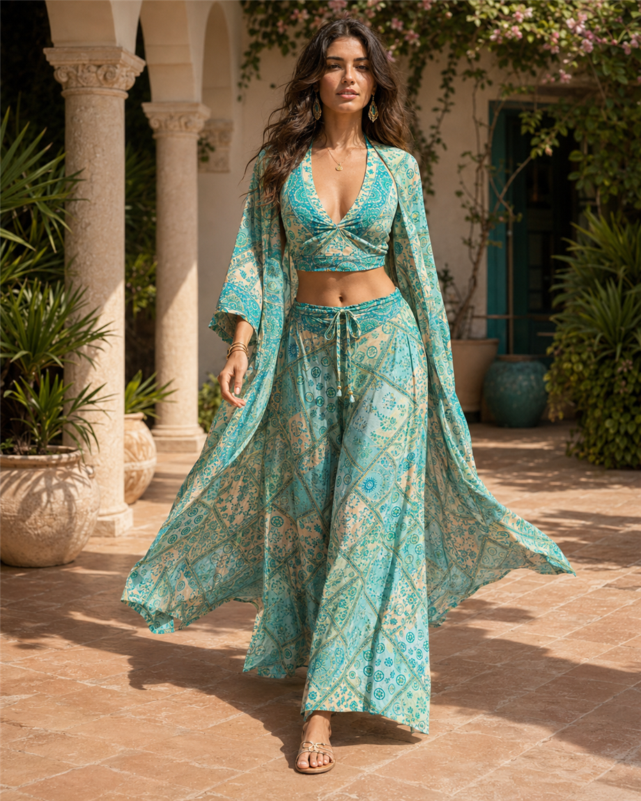 Yeşil Renk Azure Garden İpek Pantolon Crop Kimono Üçlü Takım