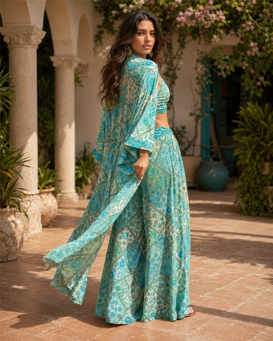 Yeşil Renk Azure Garden İpek Pantolon Crop Kimono Üçlü Takım