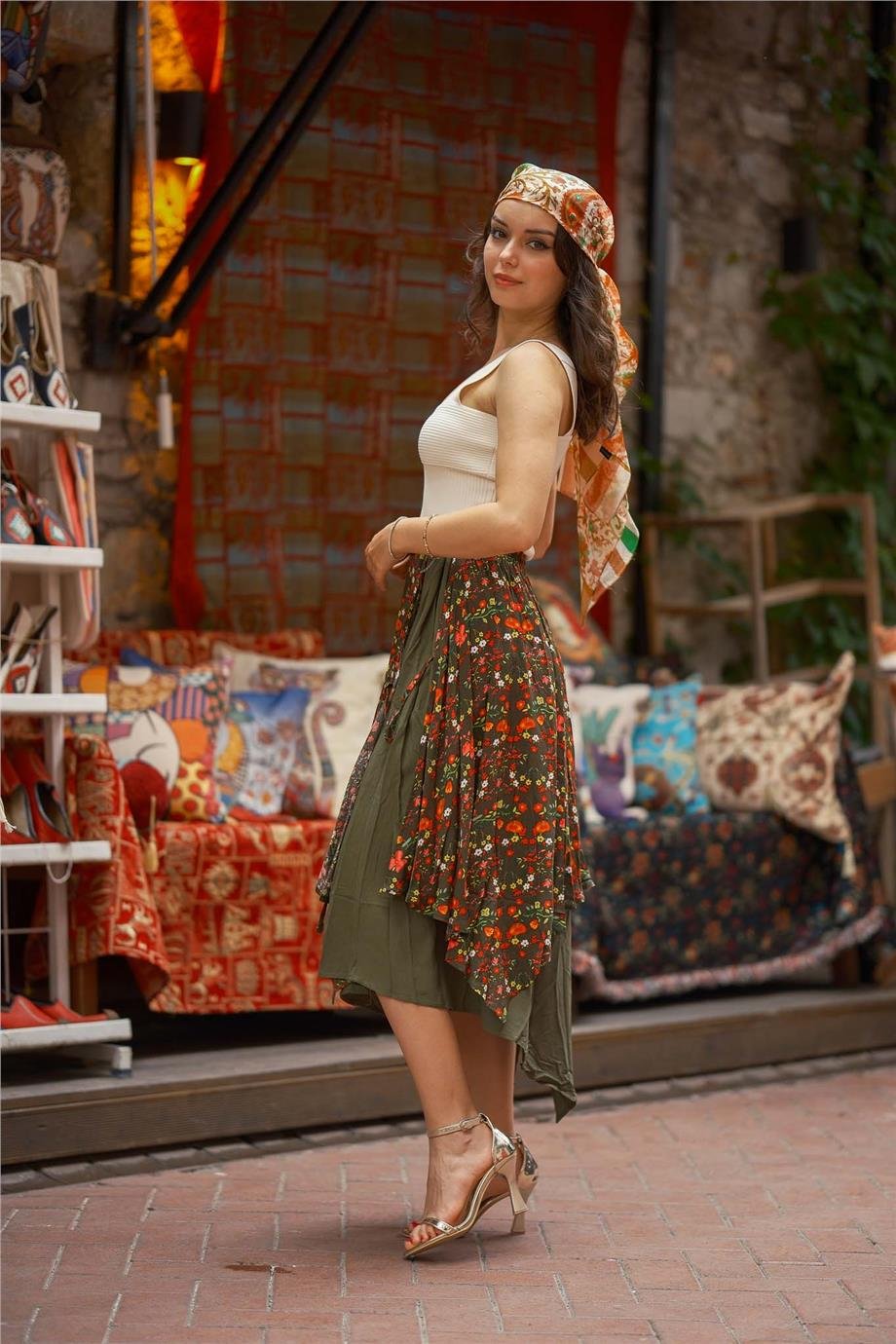 Yeşil Renk Bağlama Detaylı Beli Lastikli Salaş Etek