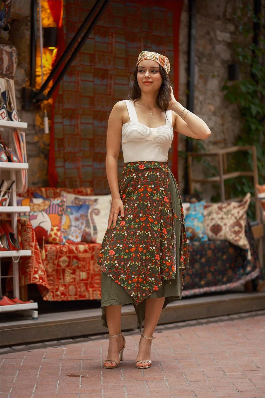 Yeşil Renk Bağlama Detaylı Beli Lastikli Salaş Etek