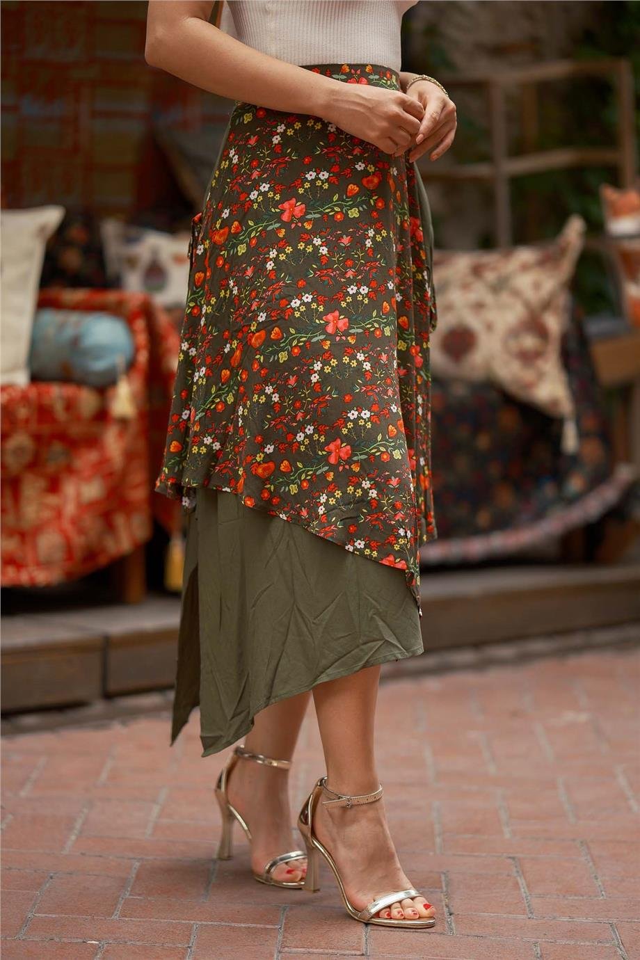 Yeşil Renk Bağlama Detaylı Beli Lastikli Salaş Etek