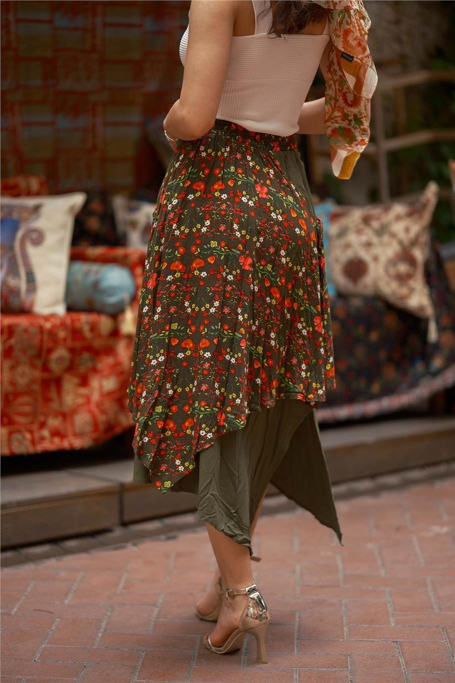 Yeşil Renk Bağlama Detaylı Beli Lastikli Salaş Etek