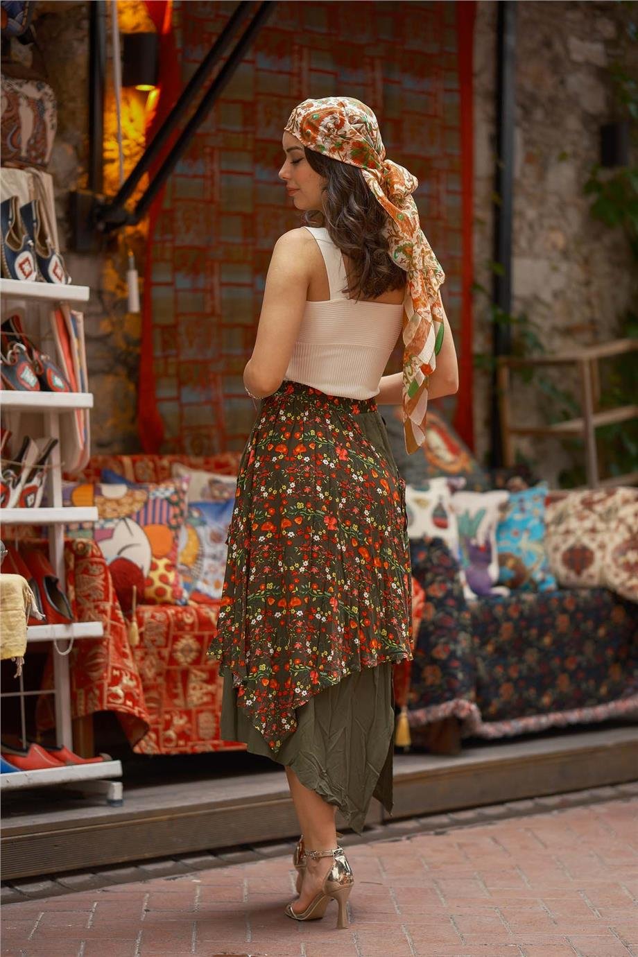 Yeşil Renk Bağlama Detaylı Beli Lastikli Salaş Etek