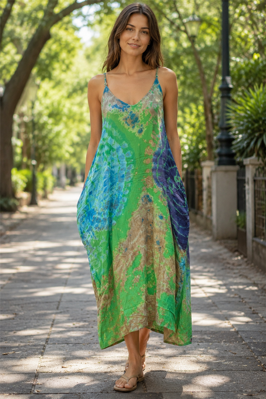 Yeşil Renk Batik Desenli Askılı Elbise
