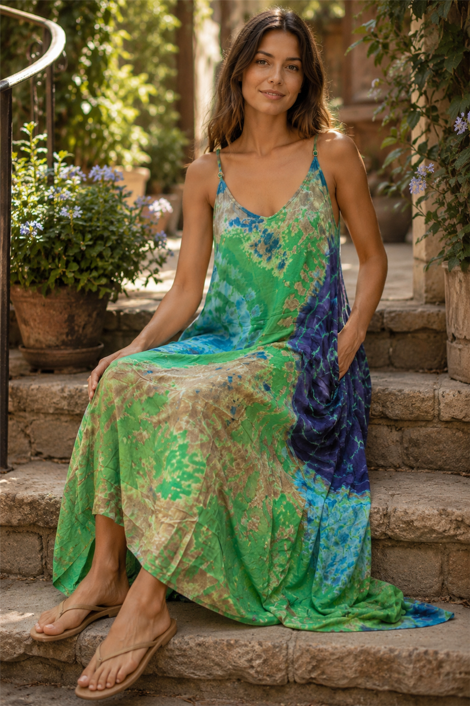 Yeşil Renk Batik Desenli Askılı Elbise