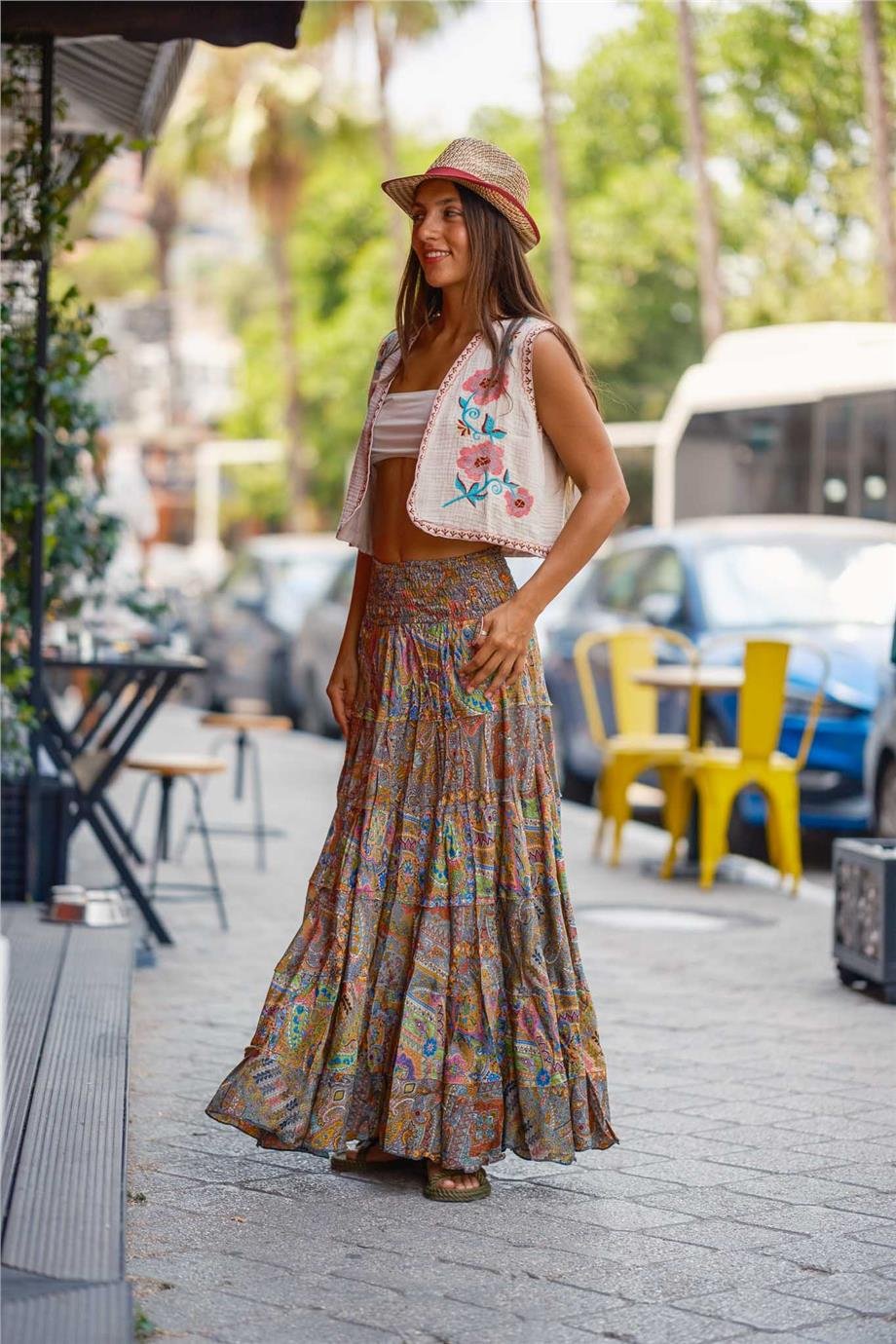 Yeşil Renk Bohem Çiçek Desenli İpek Etek