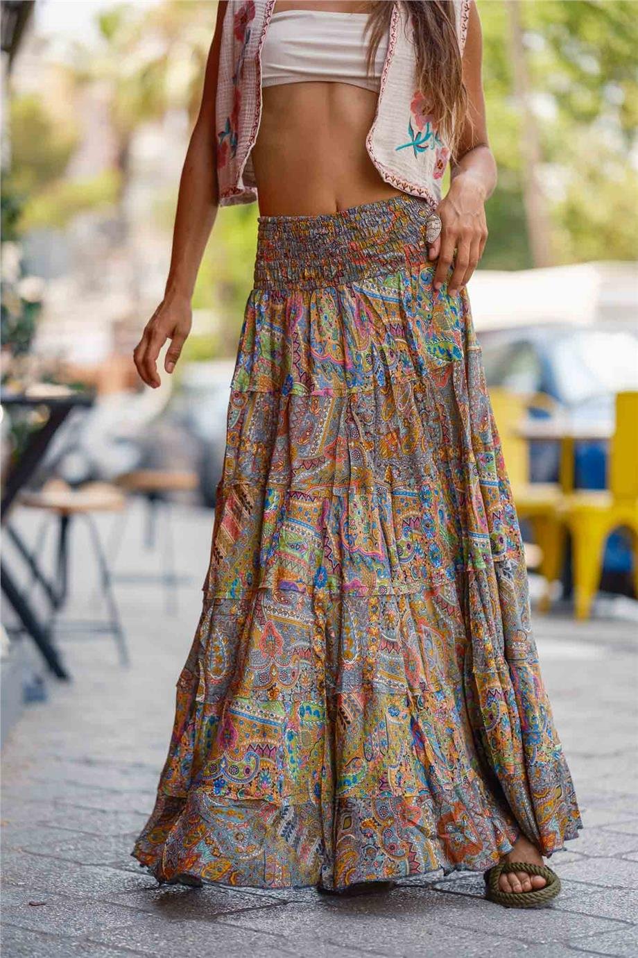 Yeşil Renk Bohem Çiçek Desenli İpek Etek