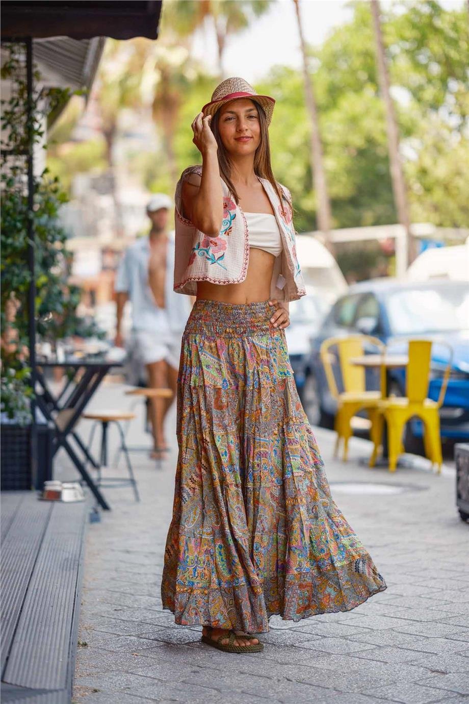 Yeşil Renk Bohem Çiçek Desenli İpek Etek