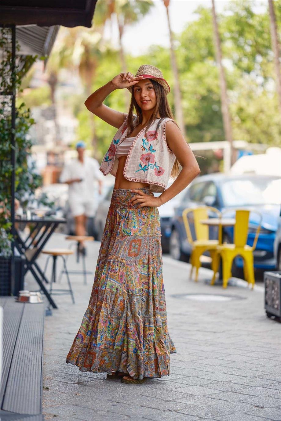 Yeşil Renk Bohem Çiçek Desenli İpek Etek